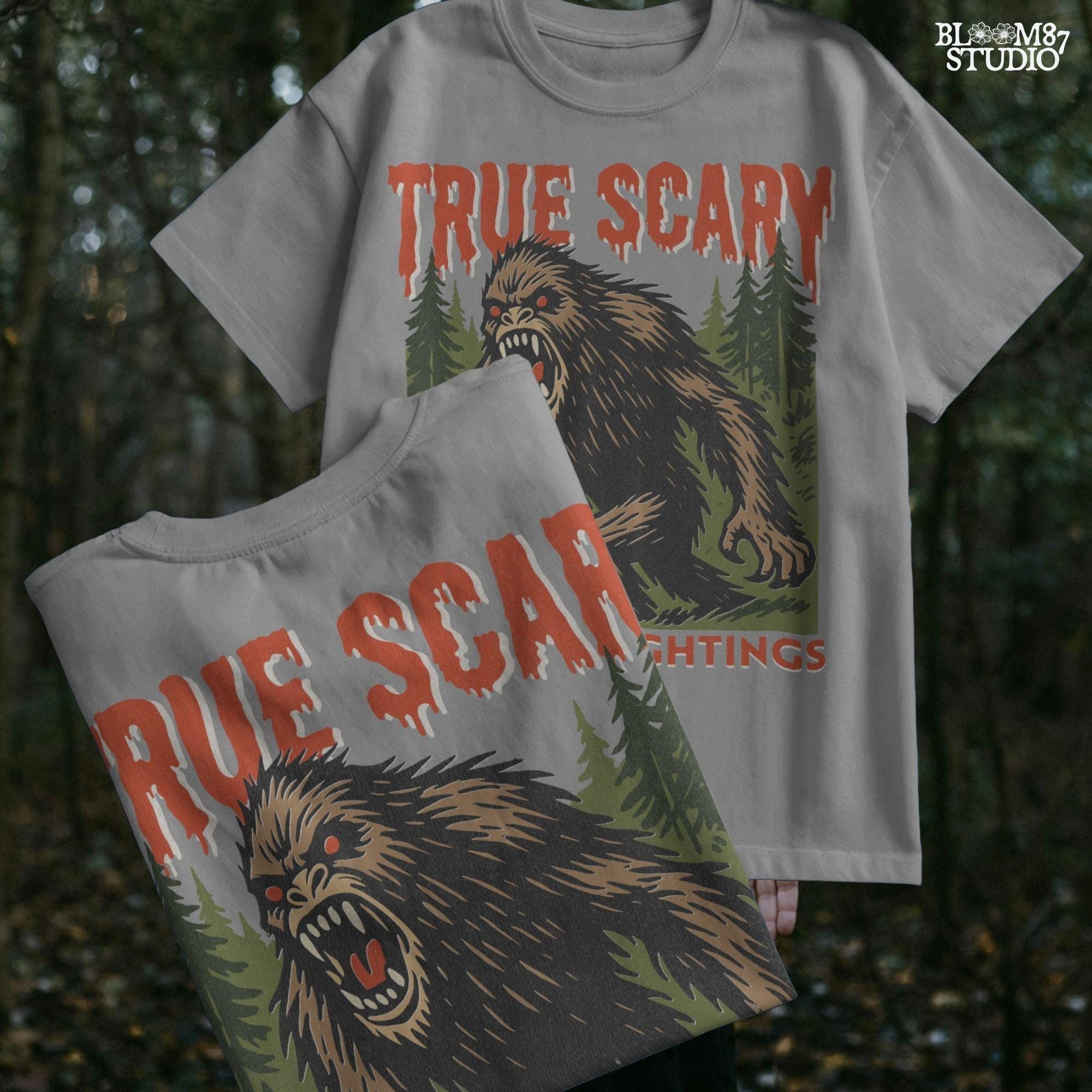 Angry Bigfoot cryptid illustration in a forest with red glowing eyes, used for Halloween sublimation or horror-themed crafts.