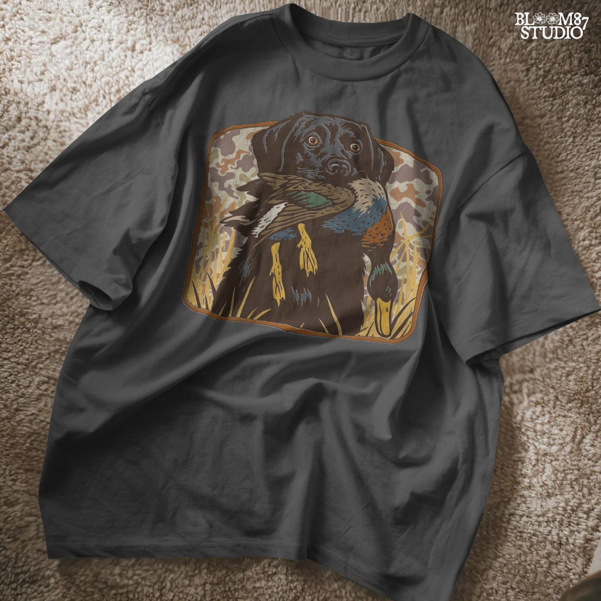 Vintage-style illustration of a black Labrador retriever holding a mallard duck in its mouth with a camouflage background, ideal for duck hunting designs.Vintage-style illustration of a black Labrador retriever holding a mallard duck in its mouth with a camouflage background, ideal for duck hunting designs.