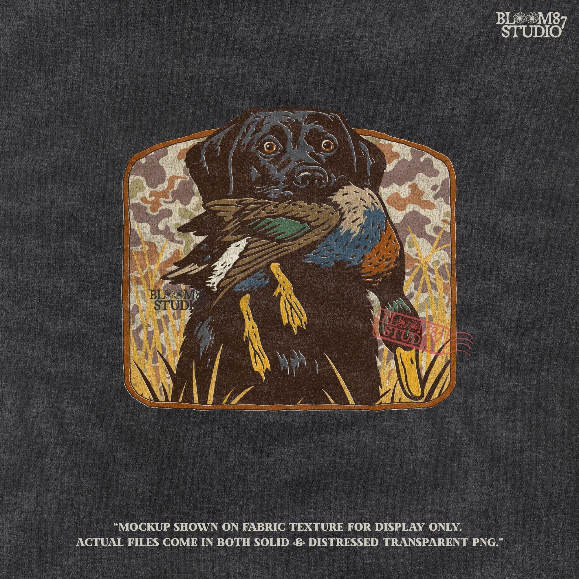 Vintage-style illustration of a black Labrador retriever holding a mallard duck in its mouth with a camouflage background, ideal for duck hunting designs.