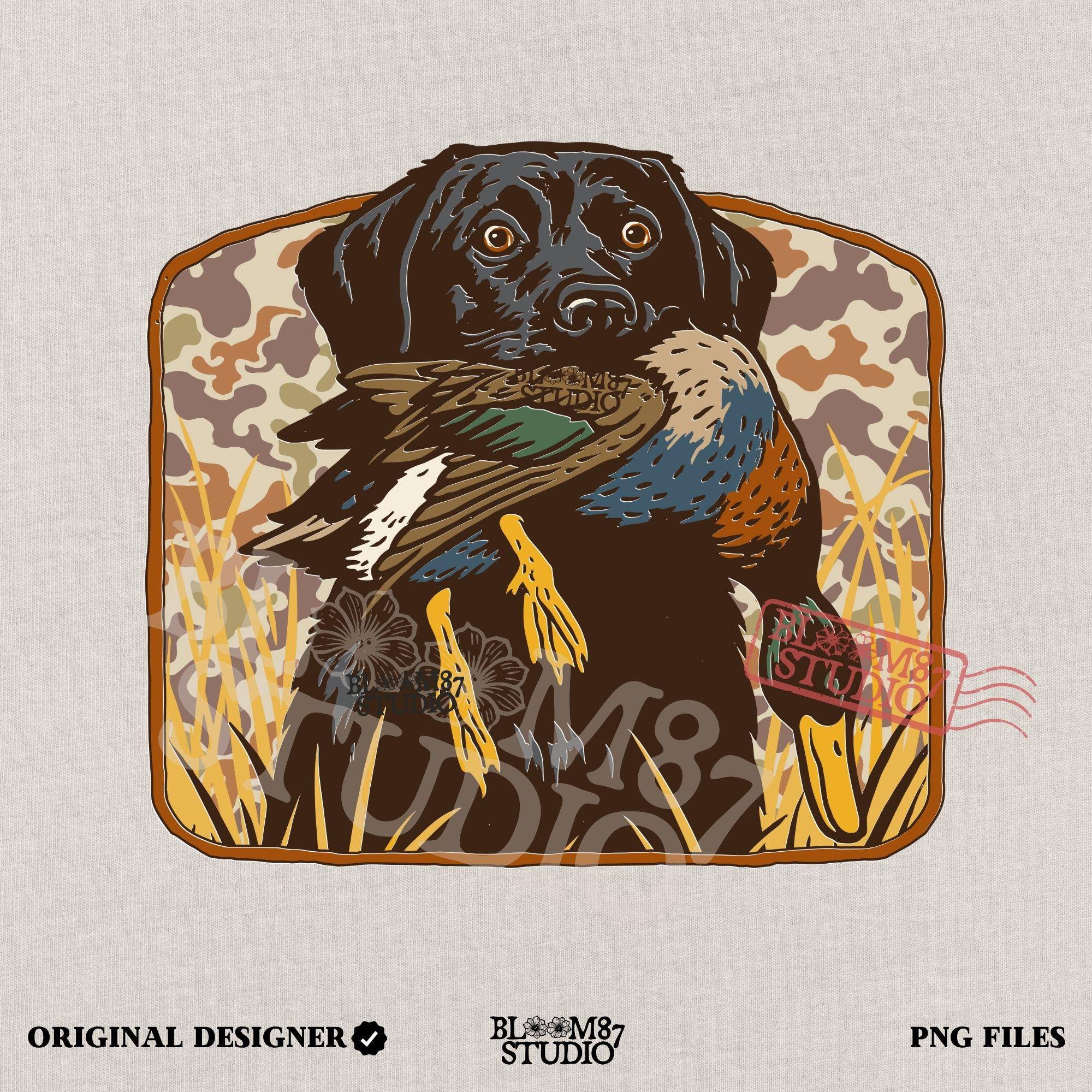 Vintage-style illustration of a black Labrador retriever holding a mallard duck in its mouth with a camouflage background, ideal for duck hunting designs.