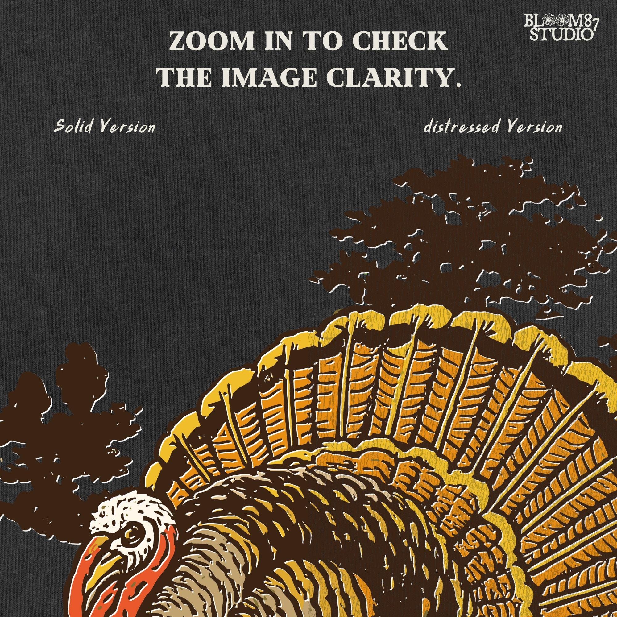 Vintage turkey illustration for Thanksgiving sublimation, featuring a detailed rustic tom turkey in fall colors with grass and leaves.