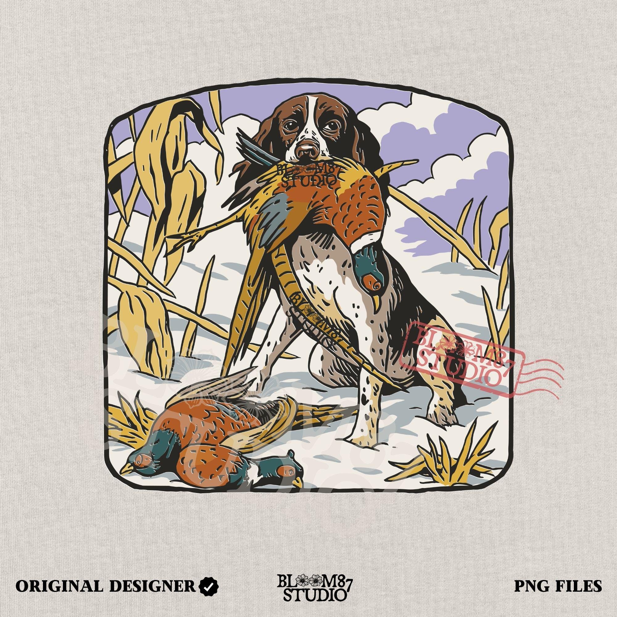 Vintage-style illustration of a Springer Spaniel retrieving a pheasant in a snowy cornfield, ideal for pheasant hunting and rustic outdoor-themed designs.