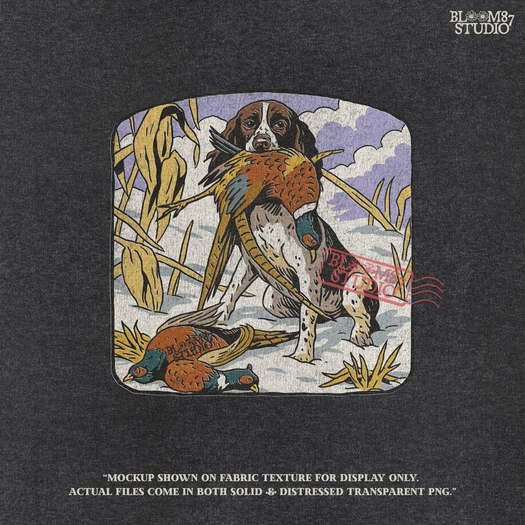 Vintage-style illustration of a Springer Spaniel retrieving a pheasant in a snowy cornfield, ideal for pheasant hunting and rustic outdoor-themed designs.