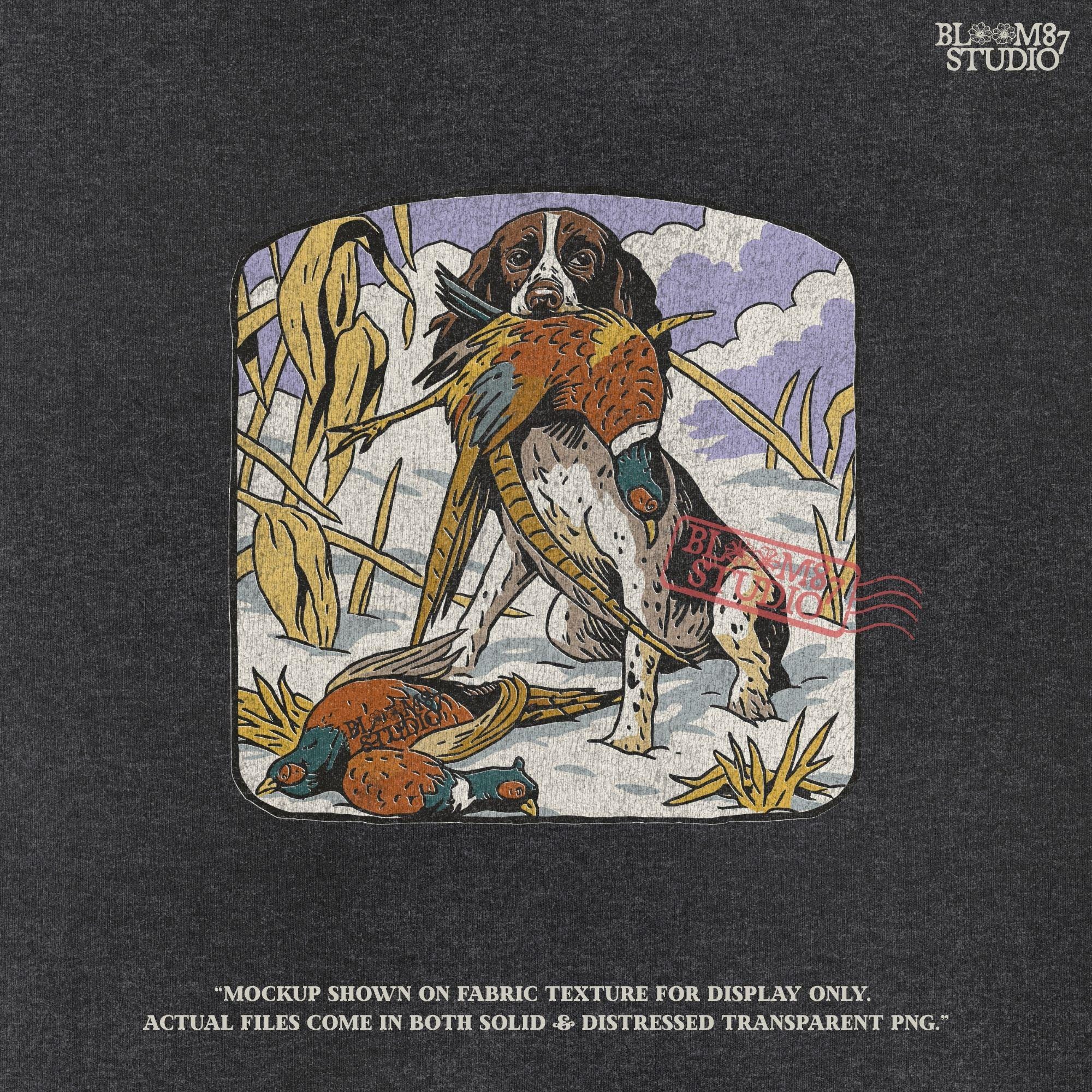Vintage-style illustration of a Springer Spaniel retrieving a pheasant in a snowy cornfield, ideal for pheasant hunting and rustic outdoor-themed designs.