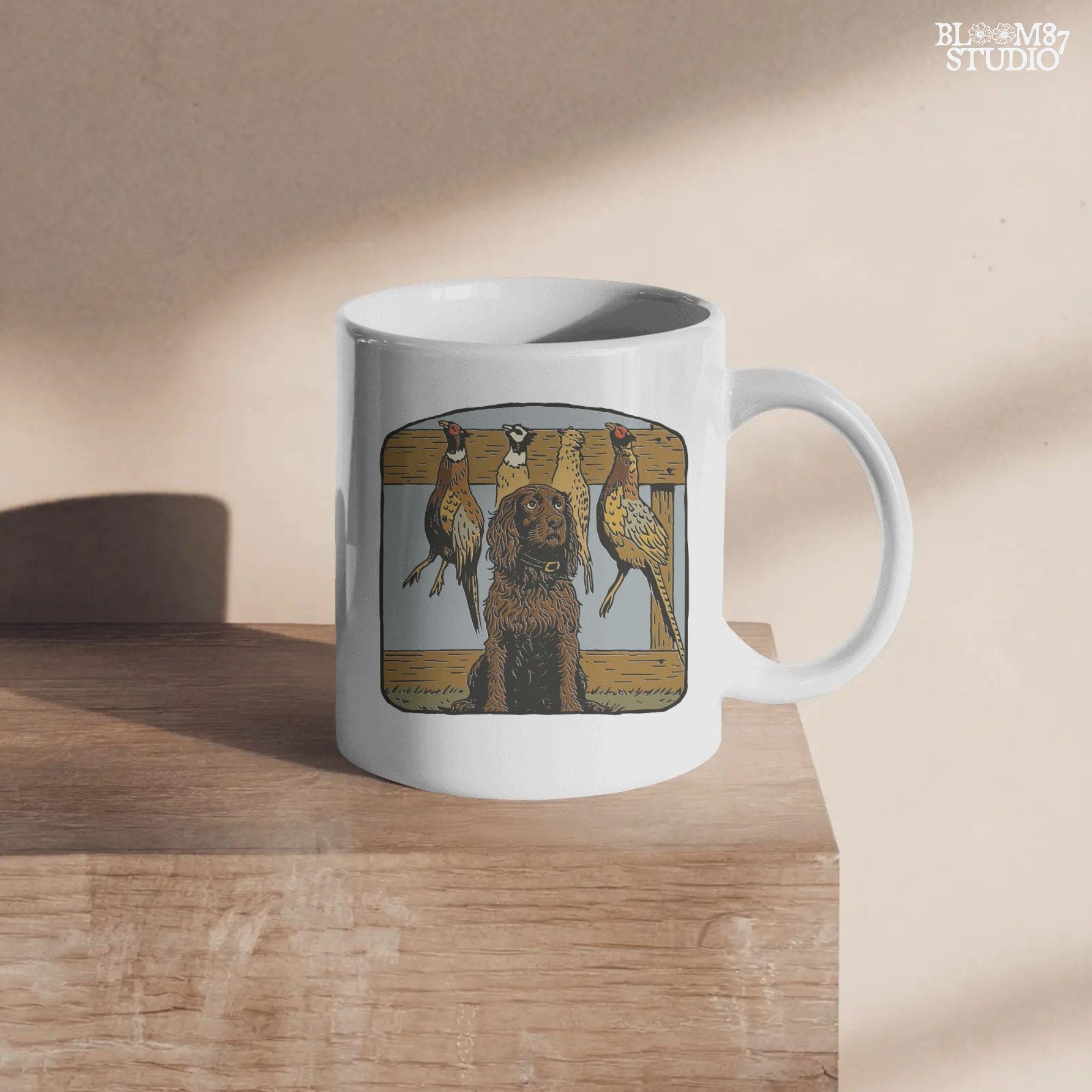 Vintage-style illustration of a long-haired hunting dog sitting in front of a wooden rack with four hanging pheasants, ideal for upland bird hunting themes.