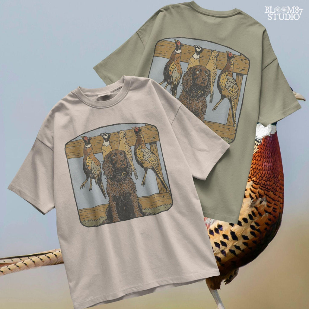 Vintage-style illustration of a long-haired hunting dog sitting in front of a wooden rack with four hanging pheasants, ideal for upland bird hunting themes.