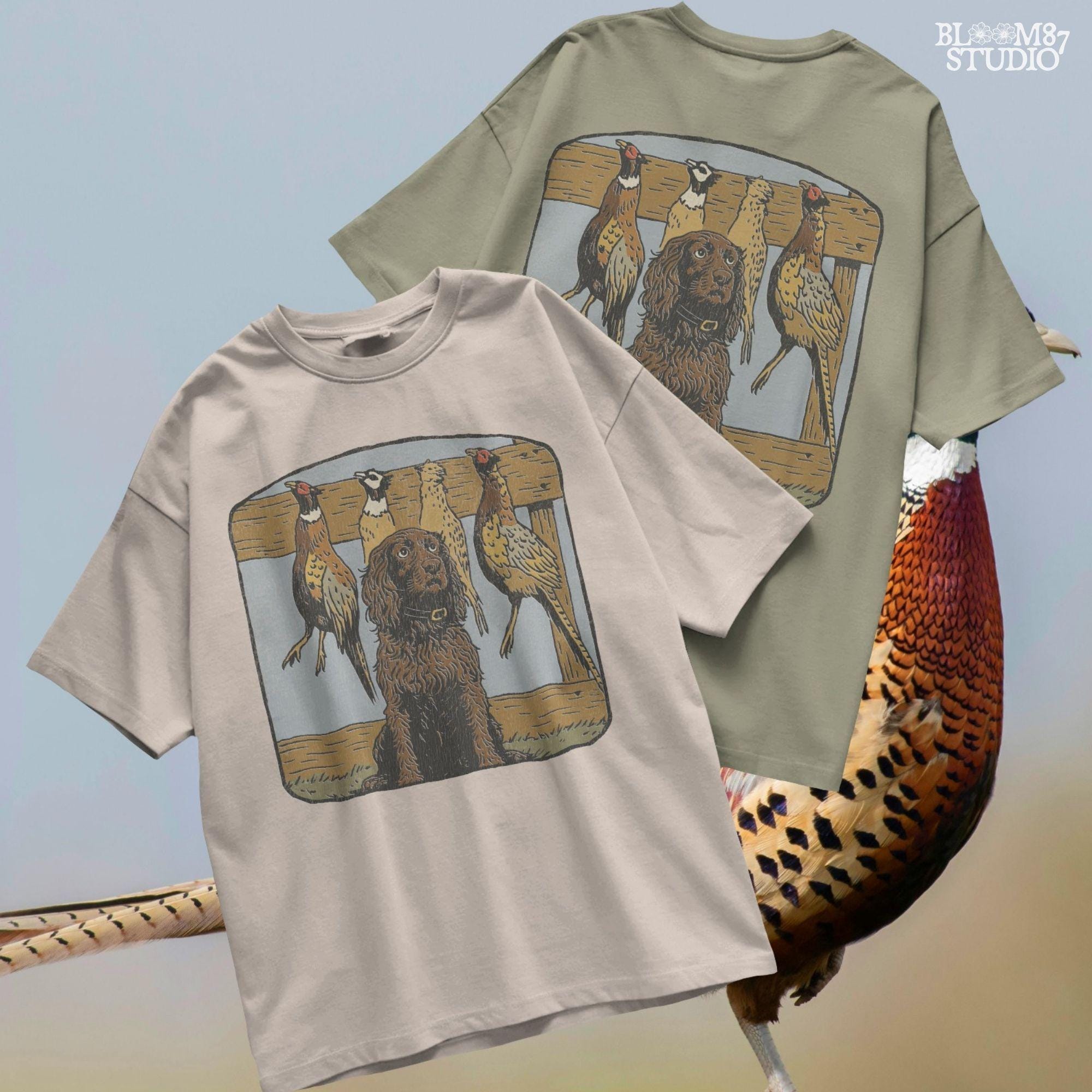 Vintage-style illustration of a long-haired hunting dog sitting in front of a wooden rack with four hanging pheasants, ideal for upland bird hunting themes.