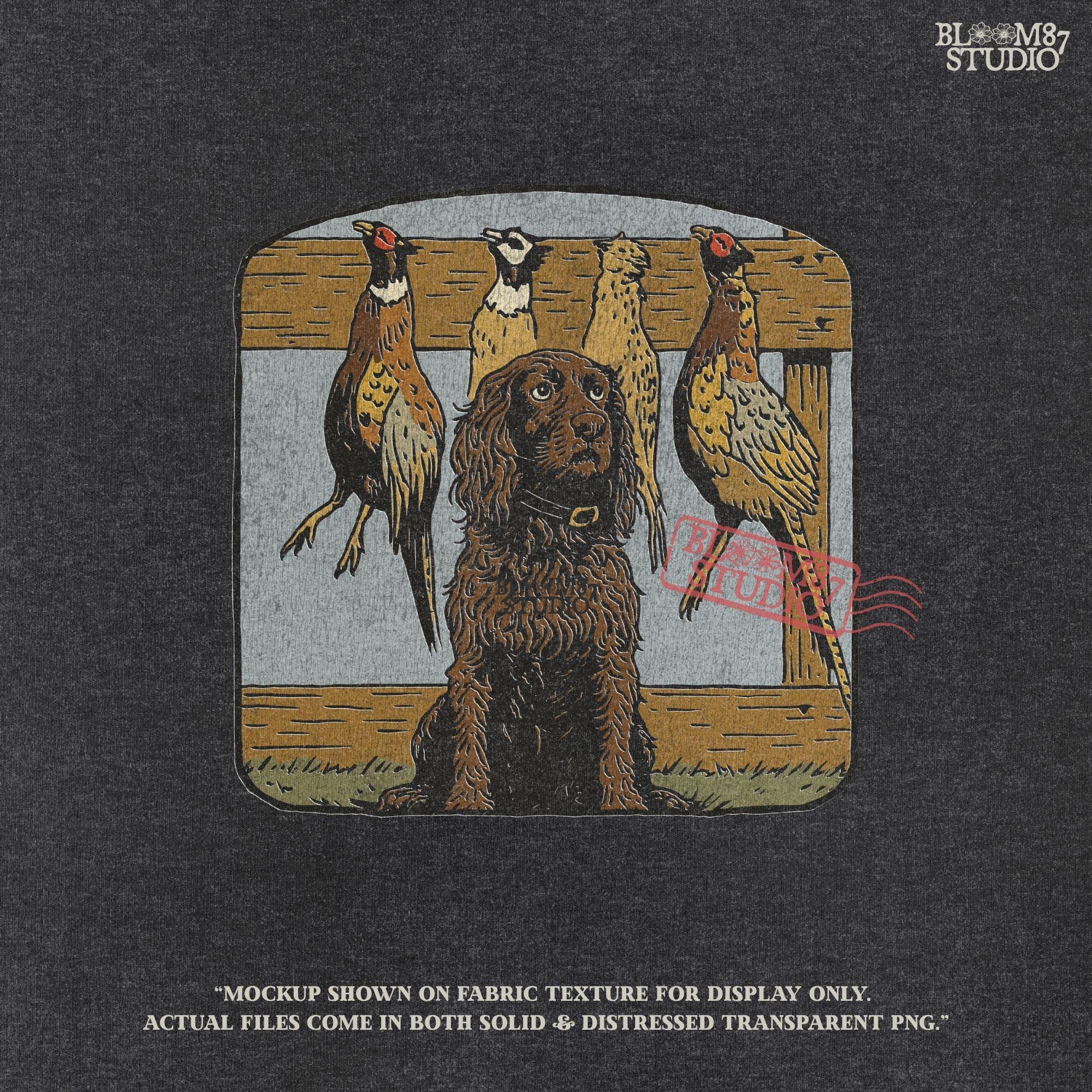 Vintage-style illustration of a long-haired hunting dog sitting in front of a wooden rack with four hanging pheasants, ideal for upland bird hunting themes.