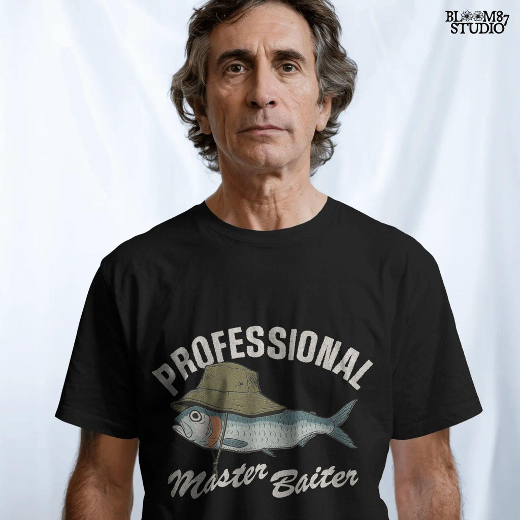 Funny fishing sublimation PNG with a fish wearing a green bucket hat and the words “Professional Master Baiter” in vintage bold font.