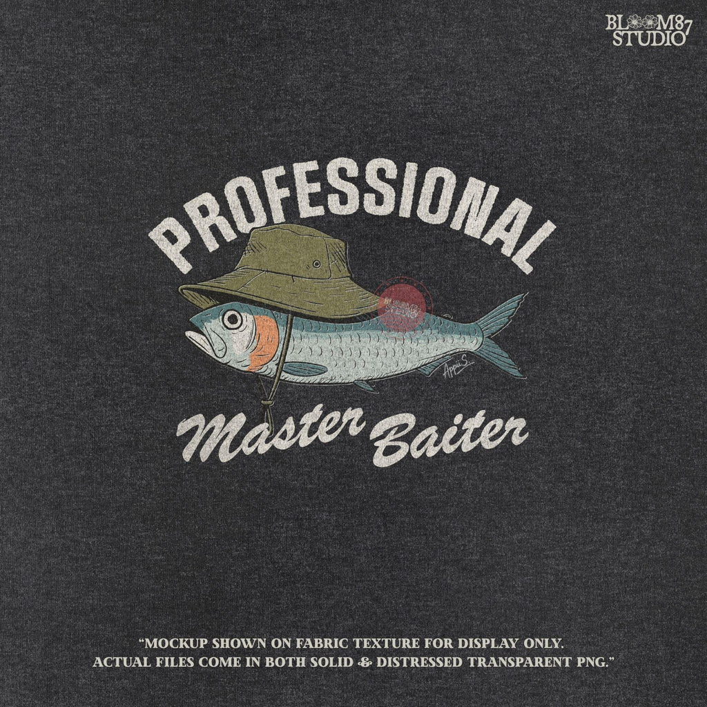 Funny fishing sublimation PNG with a fish wearing a green bucket hat and the words “Professional Master Baiter” in vintage bold font.