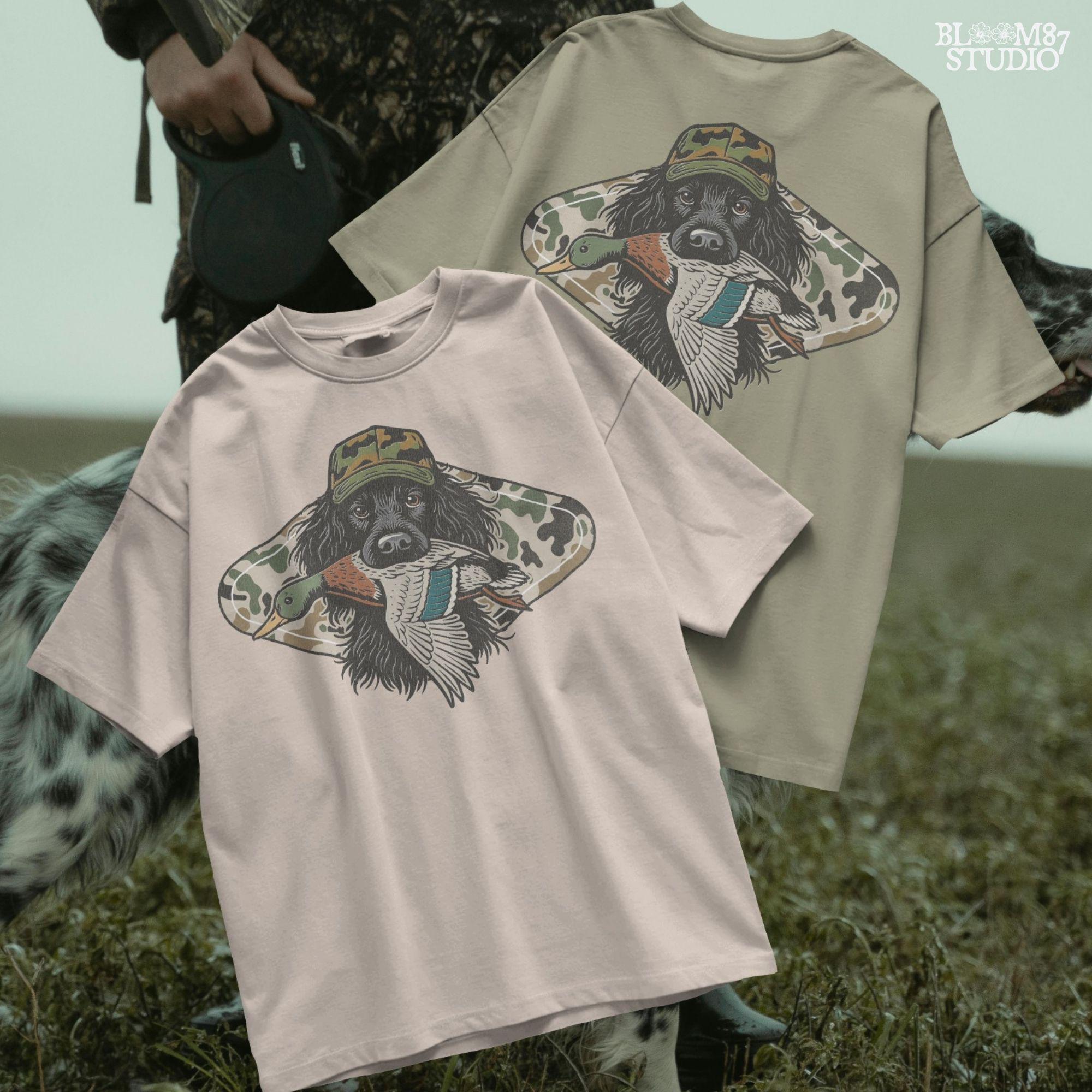 Illustration of a long-haired duck hunting dog wearing a camouflage hat, holding a mallard duck in its mouth, with a camo background design.