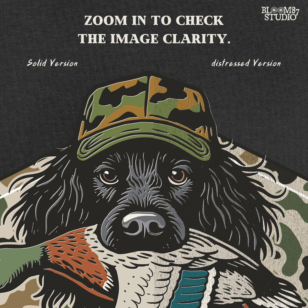 Illustration of a long-haired duck hunting dog wearing a camouflage hat, holding a mallard duck in its mouth, with a camo background design.