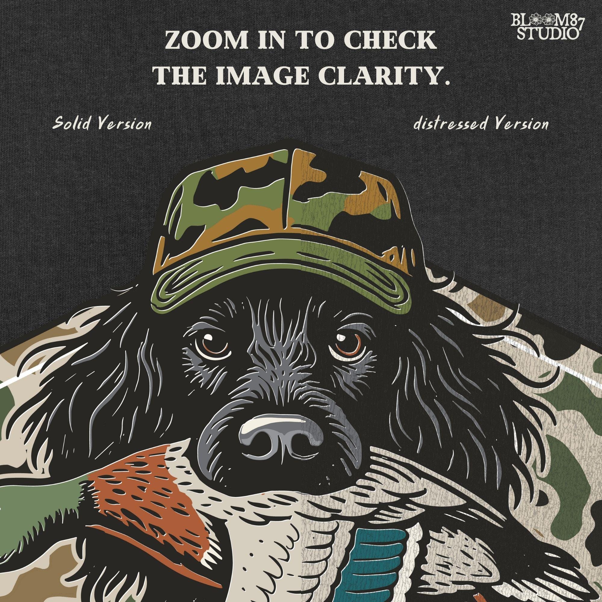Illustration of a long-haired duck hunting dog wearing a camouflage hat, holding a mallard duck in its mouth, with a camo background design.