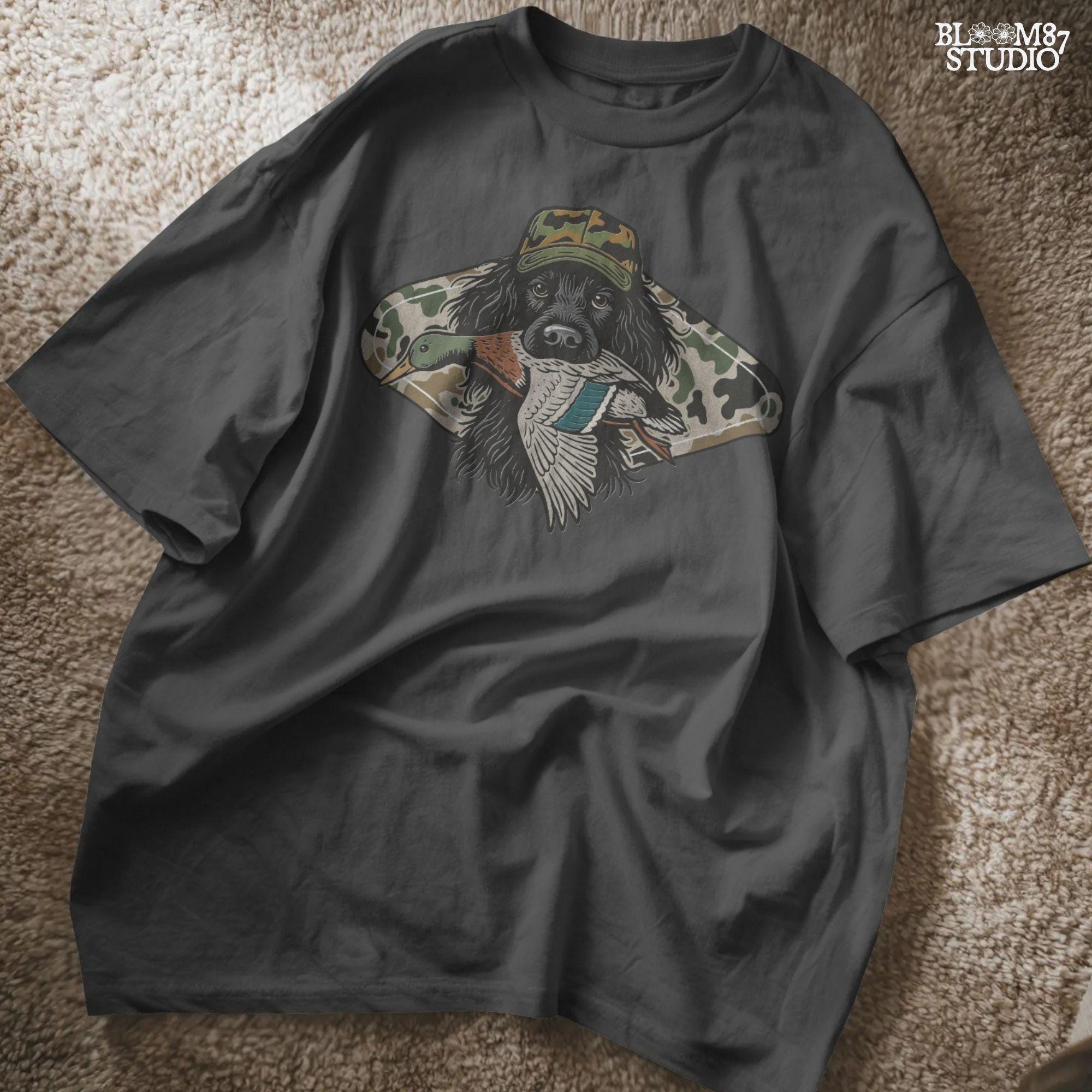 Illustration of a long-haired duck hunting dog wearing a camouflage hat, holding a mallard duck in its mouth, with a camo background design.