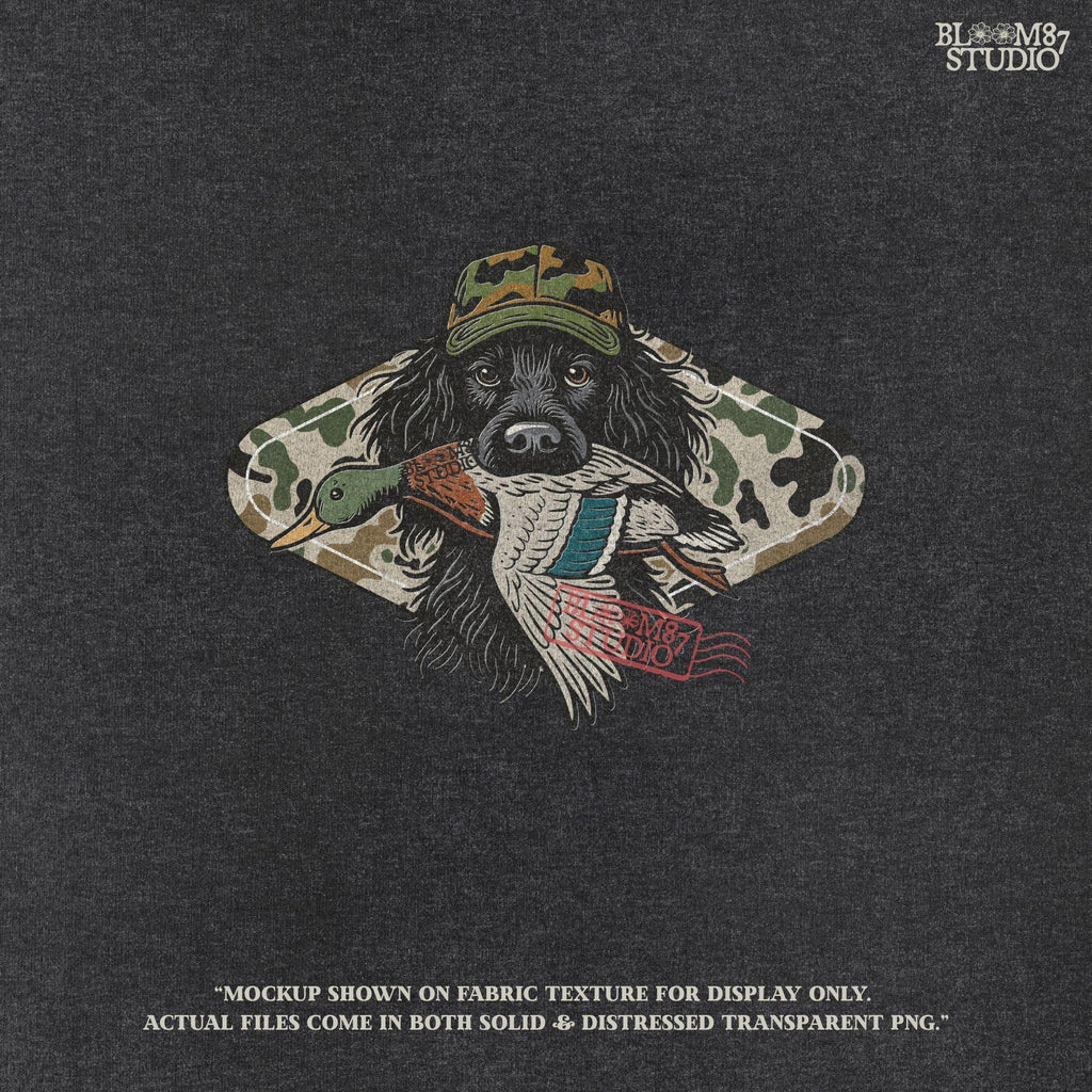 Illustration of a long-haired duck hunting dog wearing a camouflage hat, holding a mallard duck in its mouth, with a camo background design.