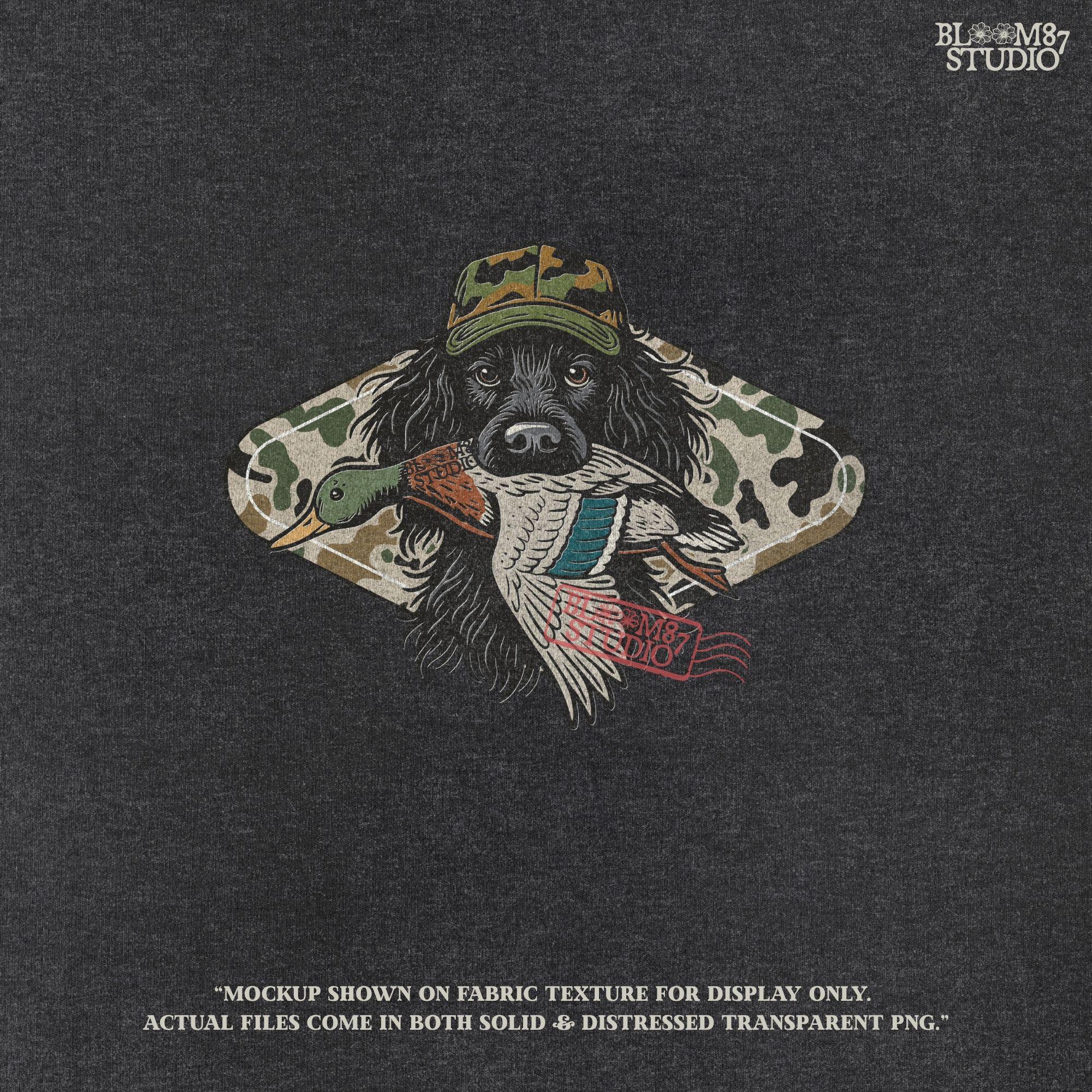 Illustration of a long-haired duck hunting dog wearing a camouflage hat, holding a mallard duck in its mouth, with a camo background design.