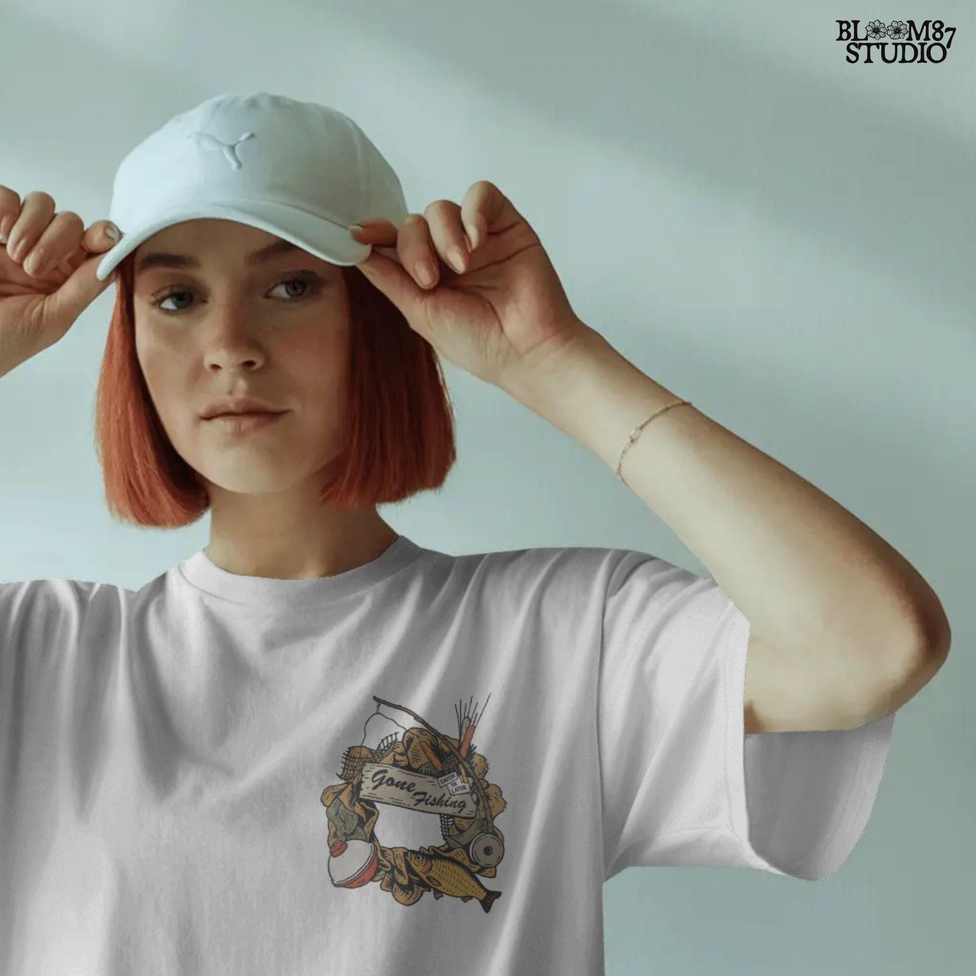 Rustic “Gone Fishing” wreath PNG design featuring bobber, fishing gear, reeds, yellow fish, and a wooden sign, perfect for sublimation on shirts and decor.