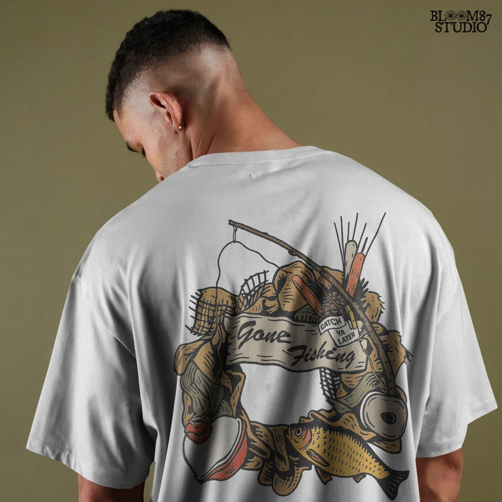 Rustic “Gone Fishing” wreath PNG design featuring bobber, fishing gear, reeds, yellow fish, and a wooden sign, perfect for sublimation on shirts and decor.