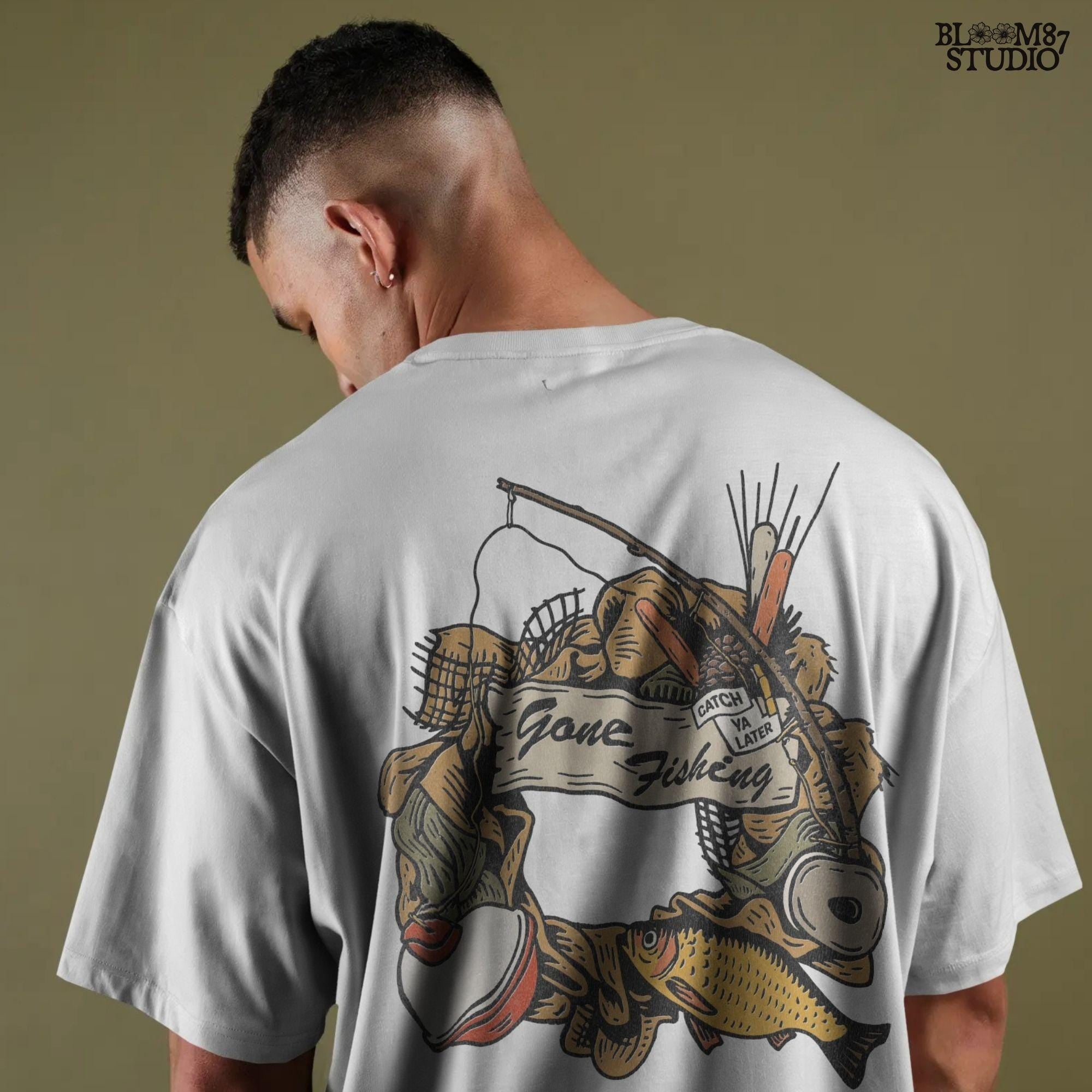 Rustic “Gone Fishing” wreath PNG design featuring bobber, fishing gear, reeds, yellow fish, and a wooden sign, perfect for sublimation on shirts and decor.