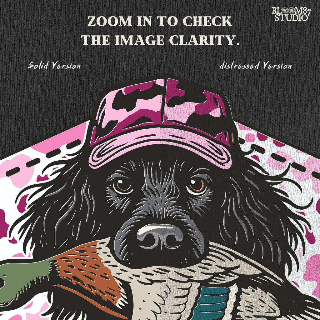 Illustration of a black hunting dog wearing a pink camo hat and holding a mallard duck, with “Southern Girl” text and pink camouflage background.