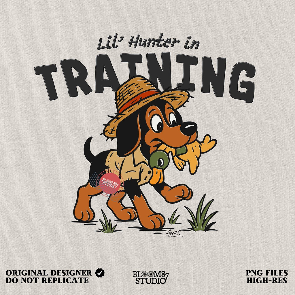 Cartoon hunting dog wearing straw hat and camo shirt holding duck toy in mouth with “Lil’ Hunter in Training” text – cute PNG for kids sublimation.