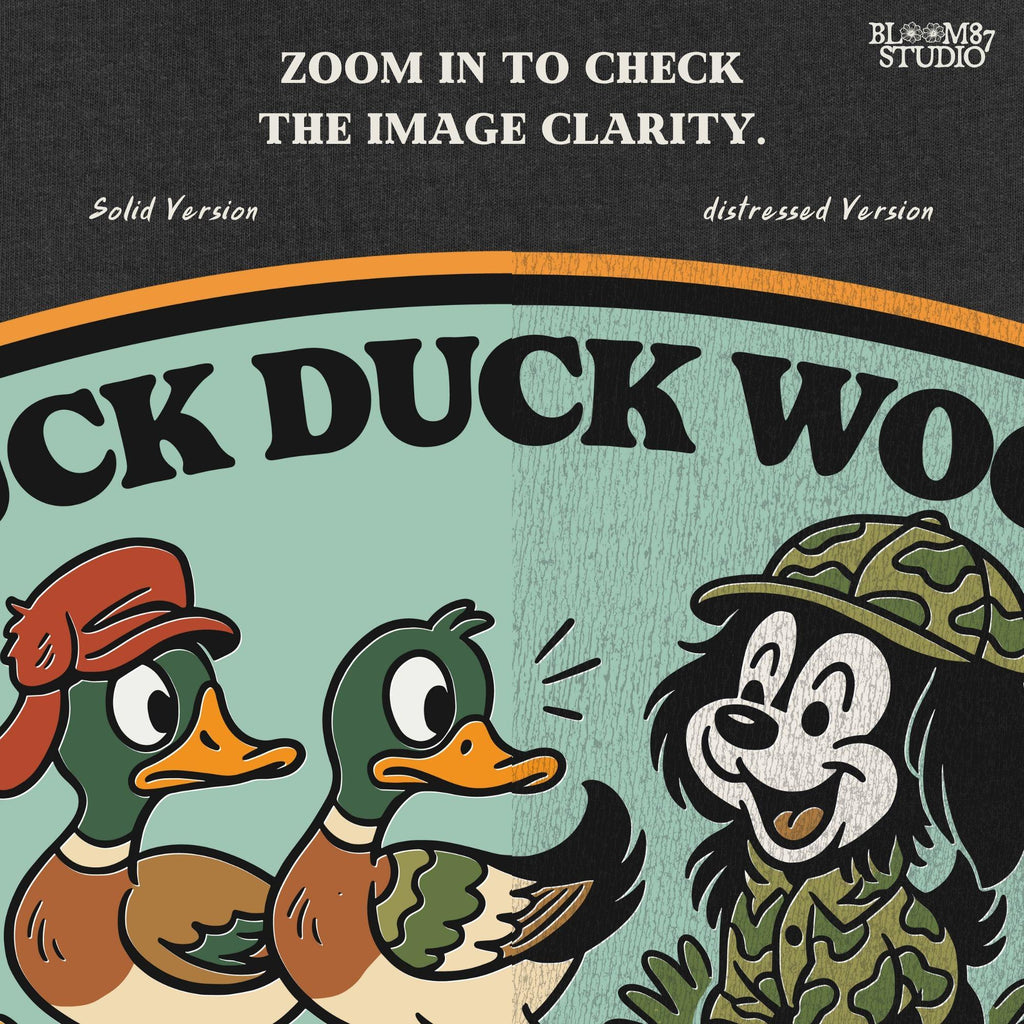 Cartoon hunting dog in camo outfit (front design) and back scene with ducks and the same dog with “Duck Duck Woof!” text – cute front and back PNG set for kids.
