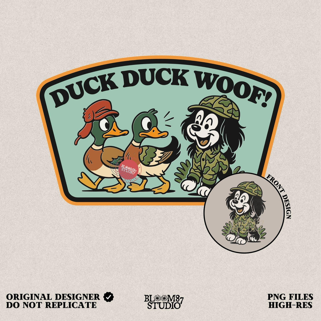 Cartoon hunting dog in camo outfit (front design) and back scene with ducks and the same dog with “Duck Duck Woof!” text – cute front and back PNG set for kids.