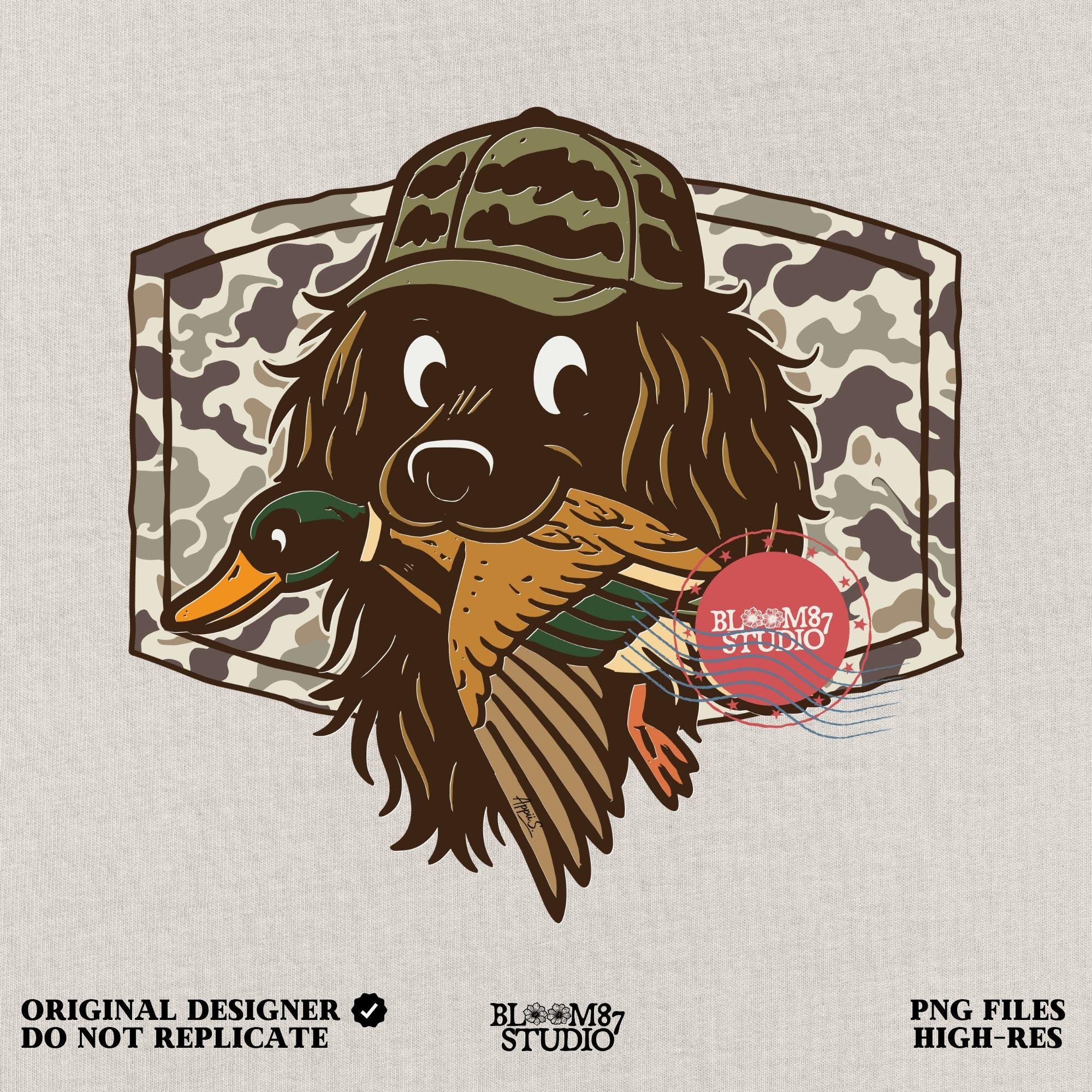 Cute cartoon hunting dog wearing camo hat holding a duck in its mouth with a camo background – sublimation PNG for boys or fall kids apparel design.