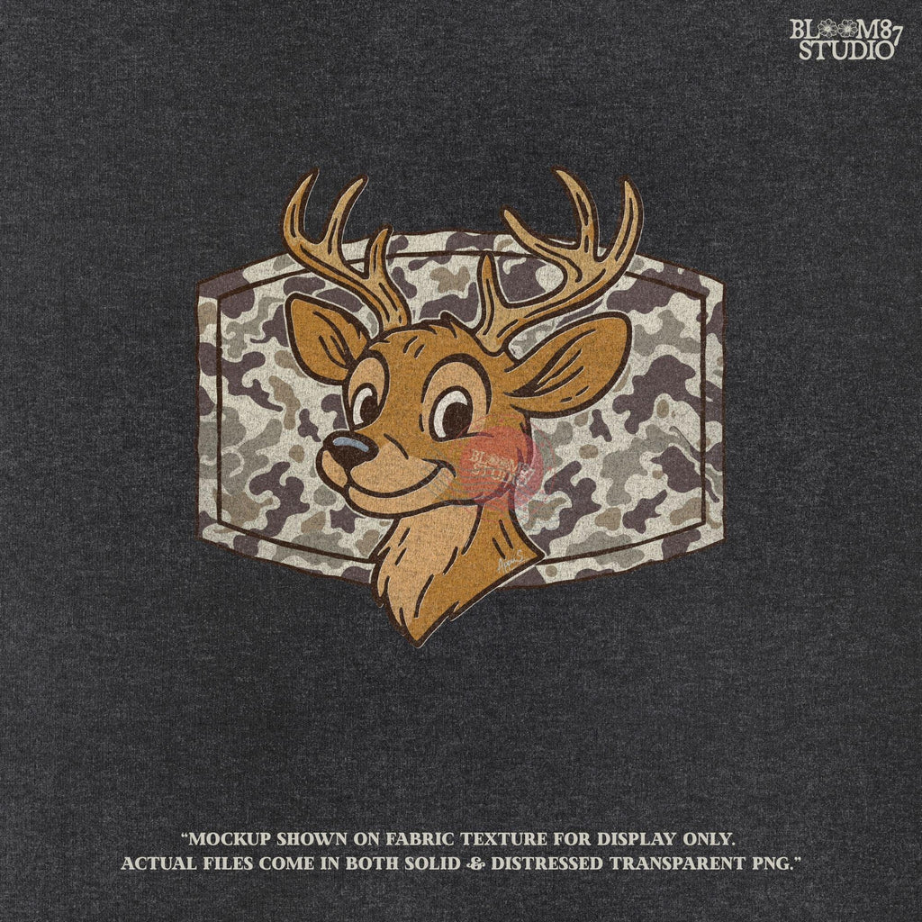 Cartoon deer with big antlers in front of a camouflage background – sublimation PNG design for fall, back to school, or kids’ hunting season shirts.