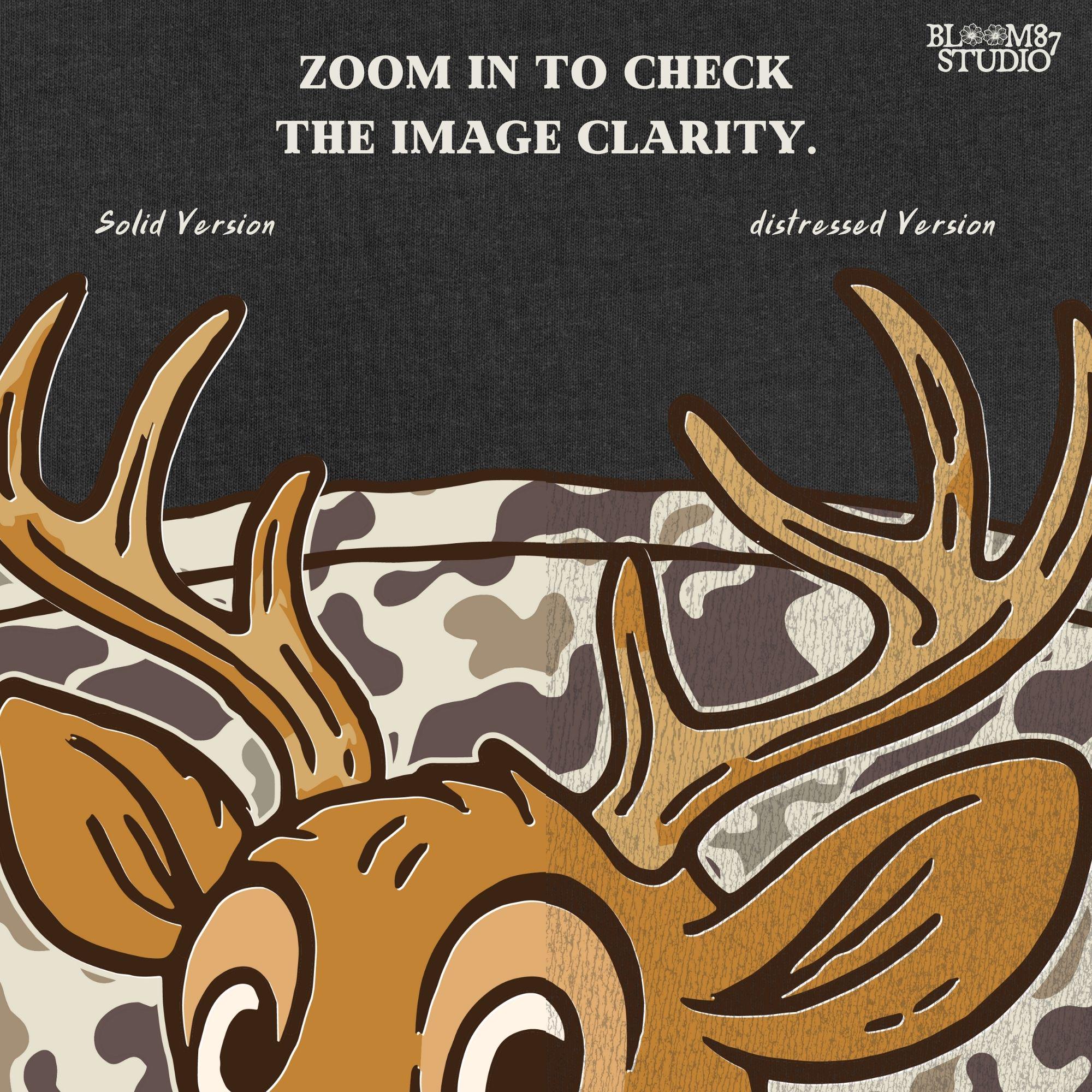 Cartoon deer with big antlers in front of a camouflage background – sublimation PNG design for fall, back to school, or kids’ hunting season shirts.