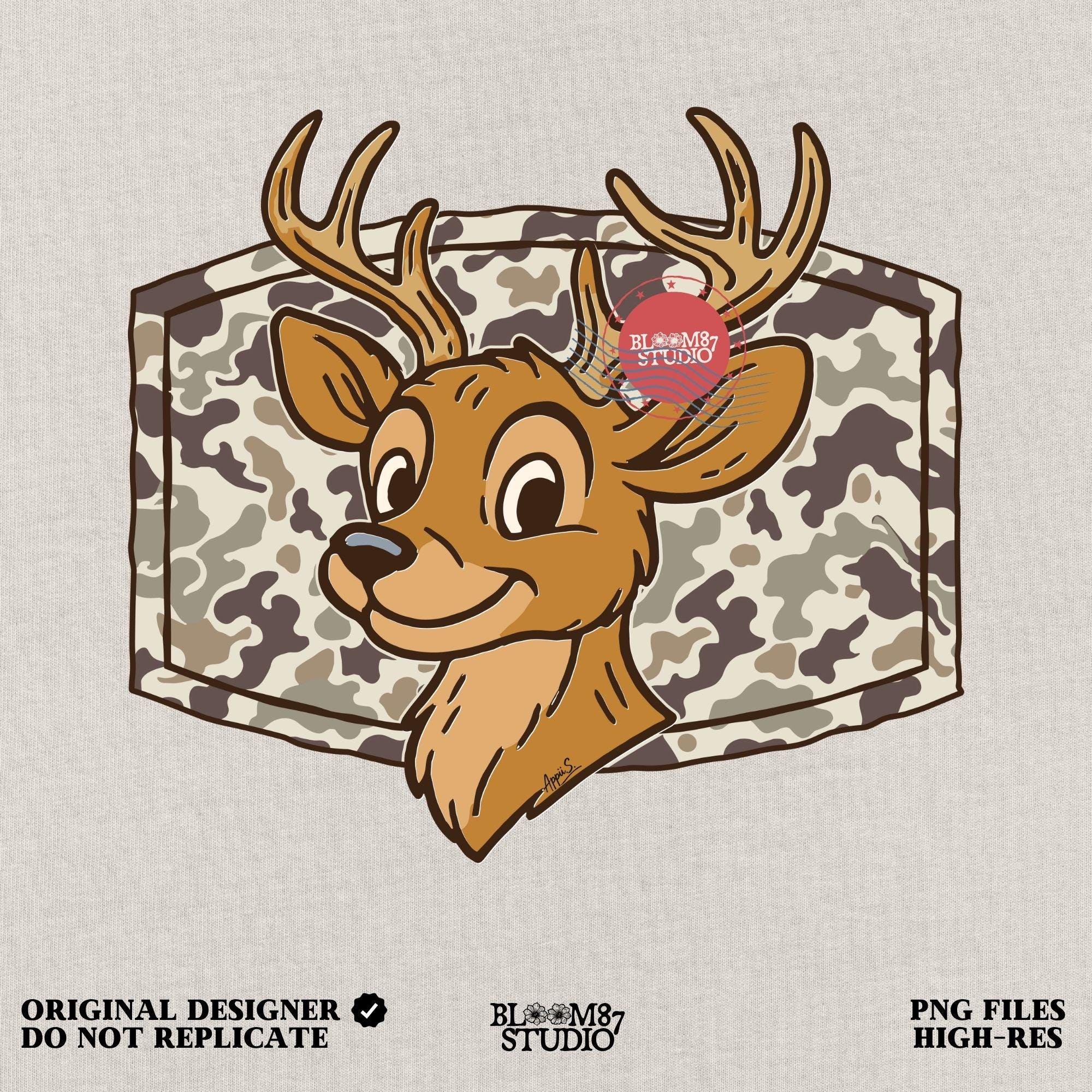 Cartoon deer with big antlers in front of a camouflage background – sublimation PNG design for fall, back to school, or kids’ hunting season shirts.