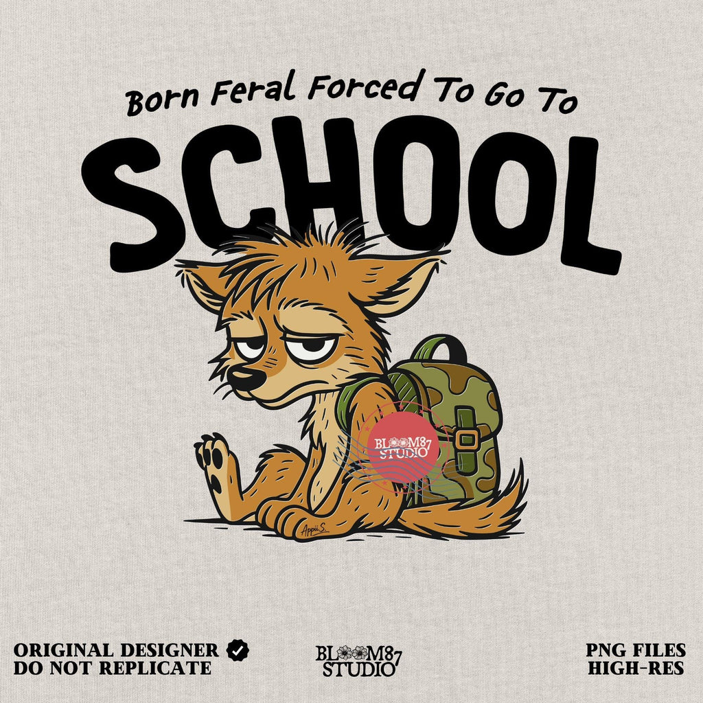 Funny cartoon wolf with camo backpack sitting tired, themed for kids back to school with wild and hunting humor vibe.