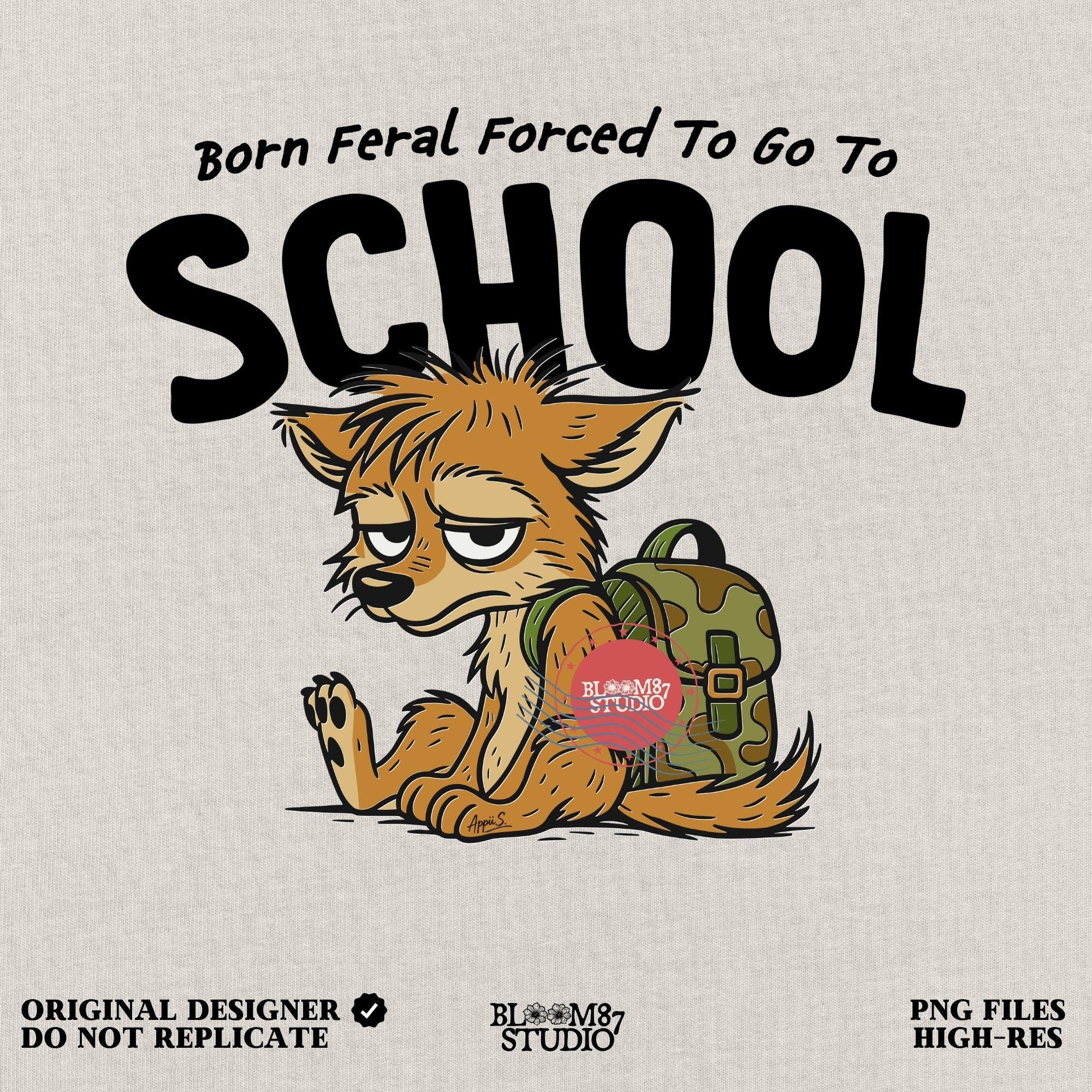 Funny cartoon wolf with camo backpack sitting tired, themed for kids back to school with wild and hunting humor vibe.