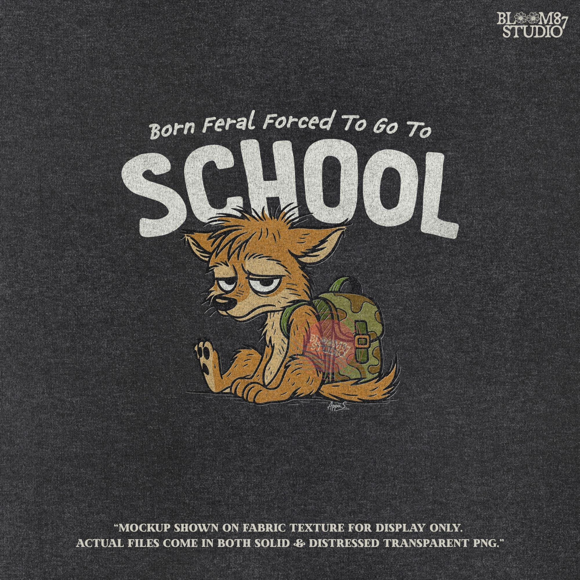 Funny cartoon wolf with camo backpack sitting tired, themed for kids back to school with wild and hunting humor vibe.