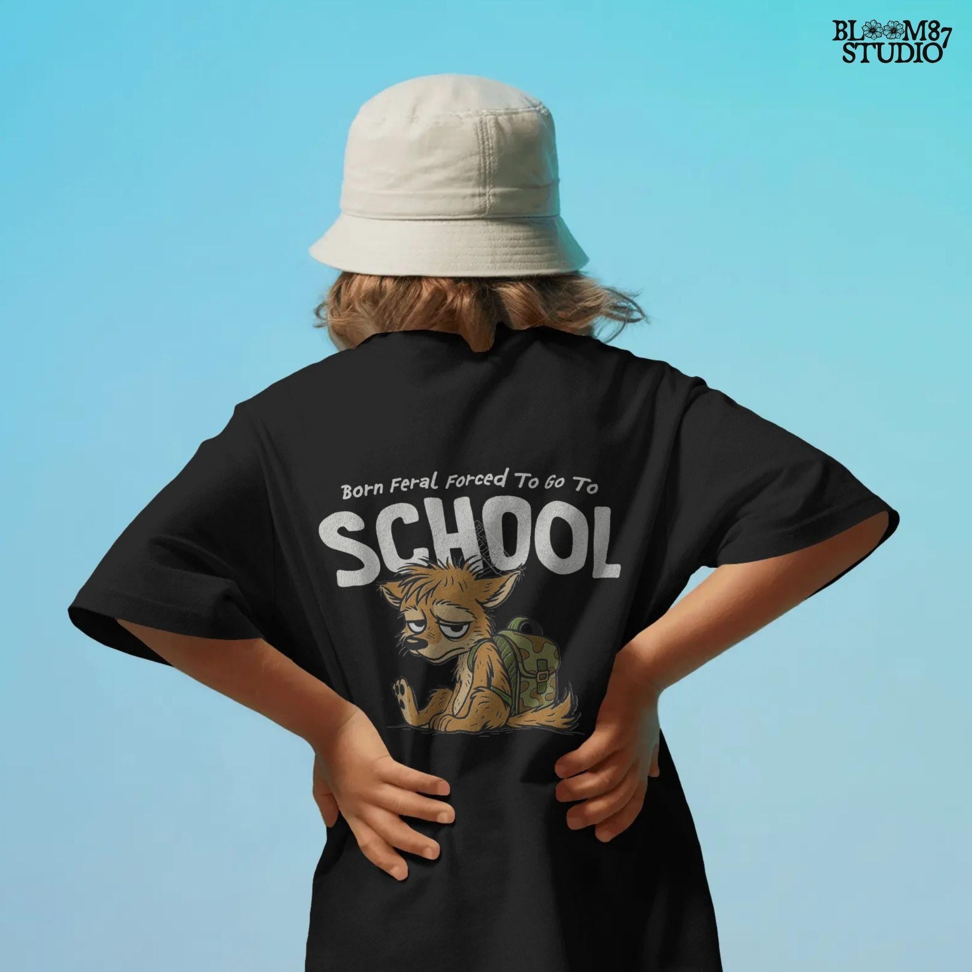 Funny cartoon wolf with camo backpack sitting tired, themed for kids back to school with wild and hunting humor vibe.