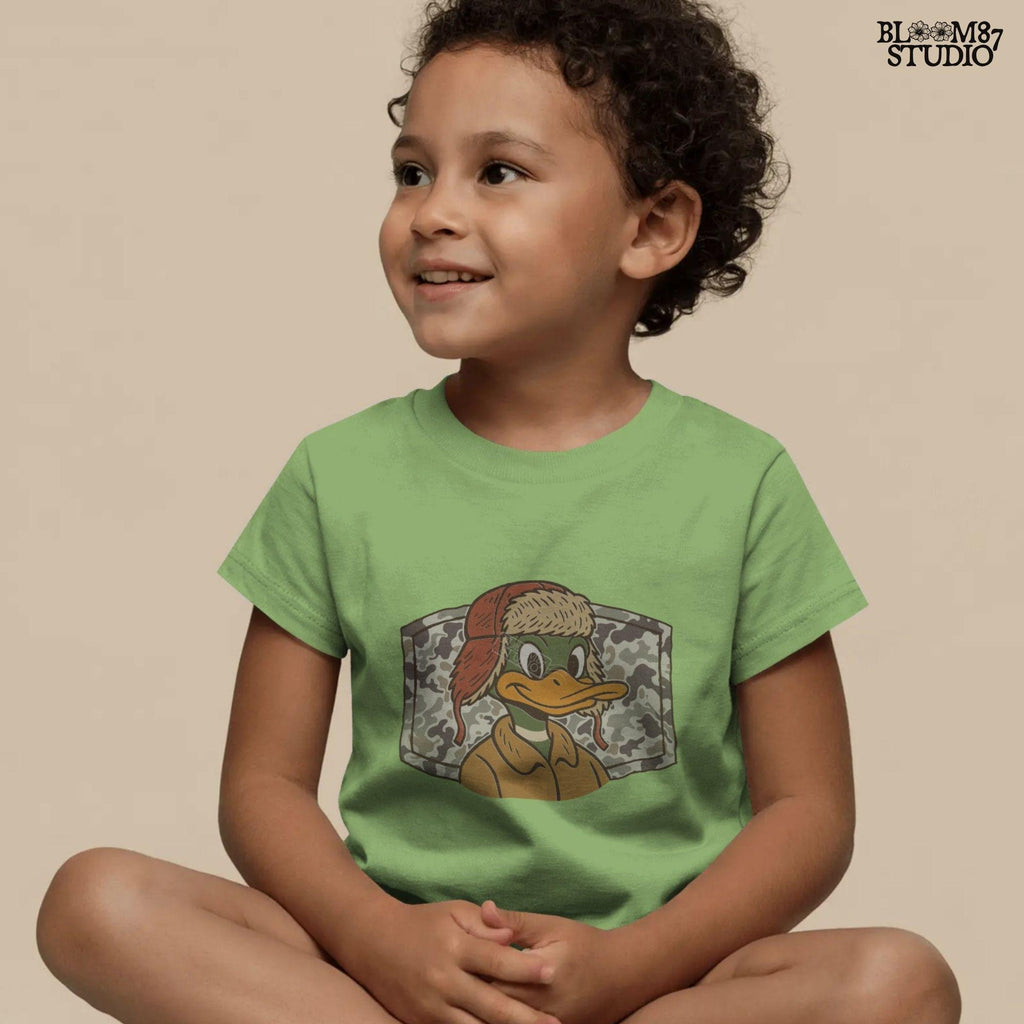 Cartoon duck in a trapper hat and camo jacket, kid-friendly hunting design with autumn theme, suitable for back to school sublimation.