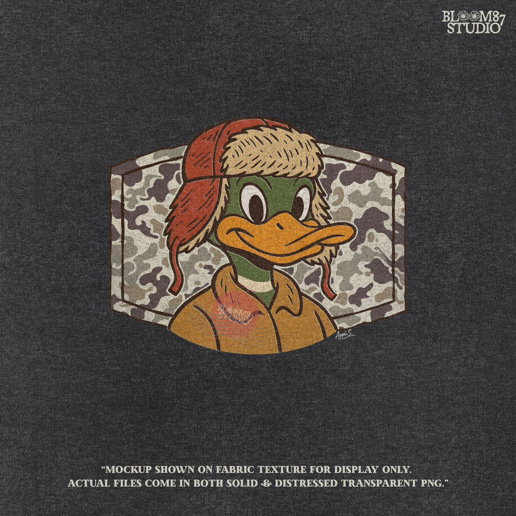 Cartoon duck in a trapper hat and camo jacket, kid-friendly hunting design with autumn theme, suitable for back to school sublimation.