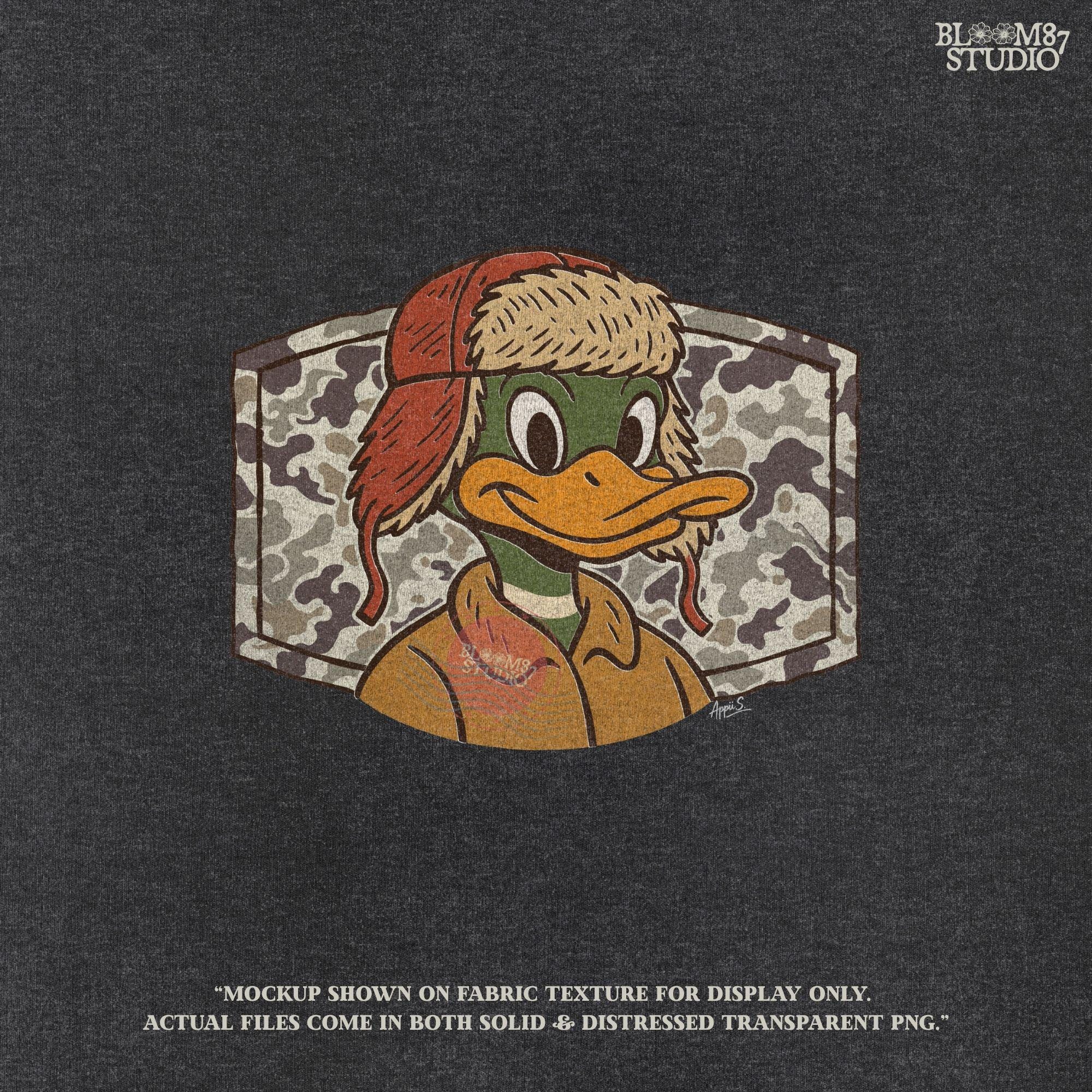 Cartoon duck in a trapper hat and camo jacket, kid-friendly hunting design with autumn theme, suitable for back to school sublimation.