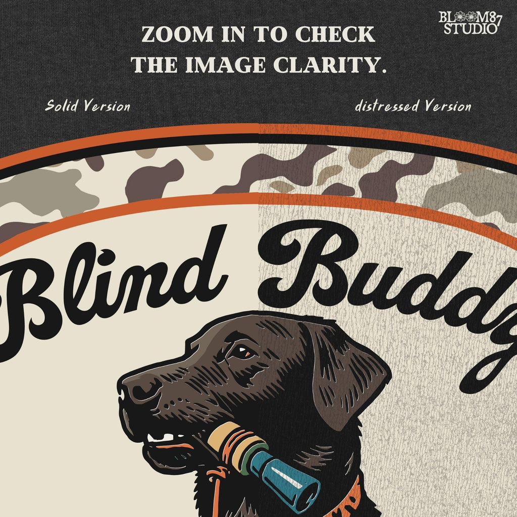 Black labrador dog holding a duck call in its mouth, centered in a camouflage hunting patch with text “Blind Buddy – First Light. Last Bark”