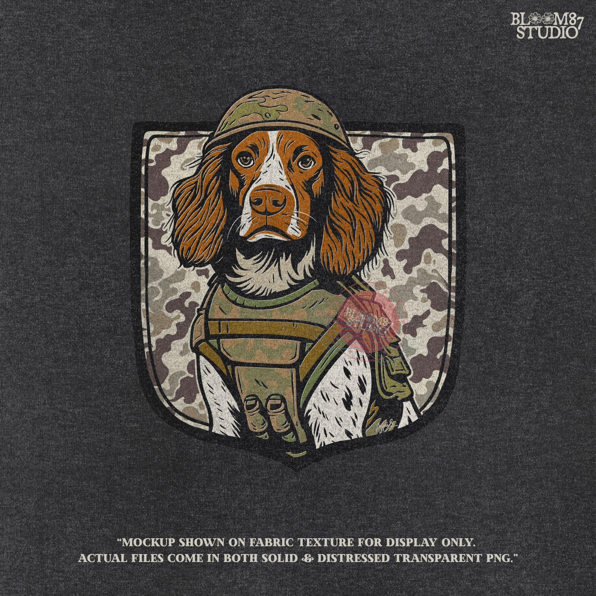 Illustration of a military hunting dog in camo vest and helmet, standing in front of a camouflage shield background, PNG for sublimation use