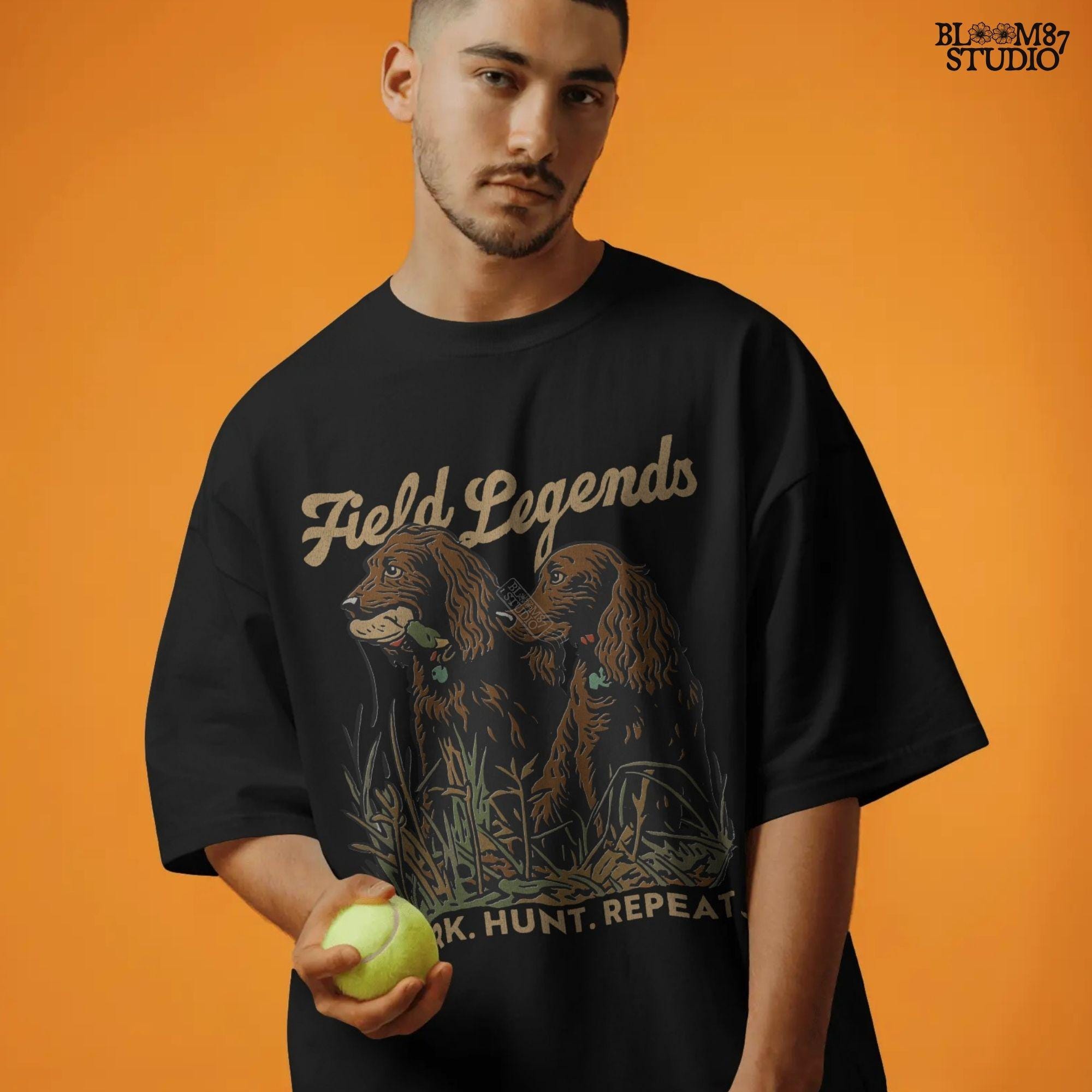 Vintage-style illustration of two retriever hunting dogs sitting in tall grass with text “Field Legends” and “Work. Hunt. Repeat.” – PNG for sublimation use