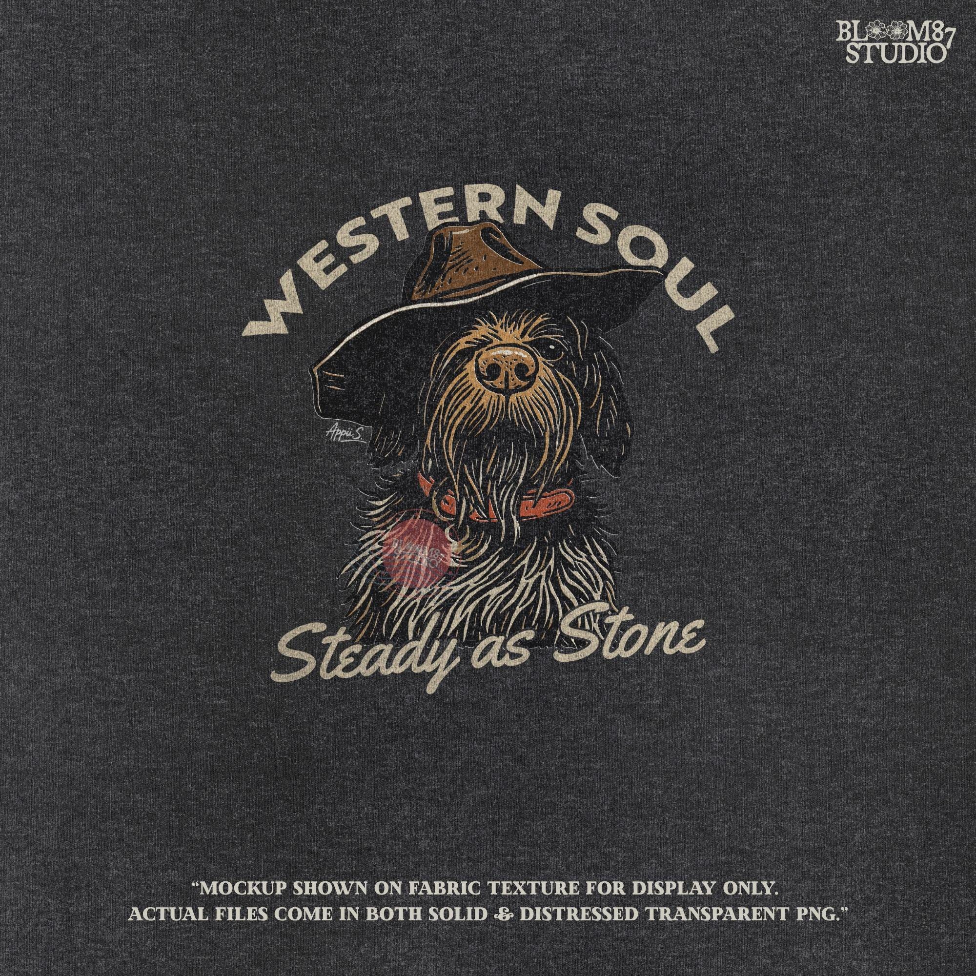 Rustic hunting dog with long fur and cowboy hat, labeled “Western Soul – Steady as Stone,” styled for western-themed sublimation and apparel use
