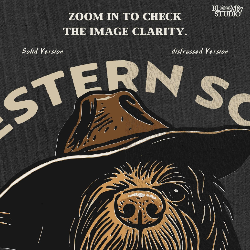 Rustic hunting dog with long fur and cowboy hat, labeled “Western Soul – Steady as Stone,” styled for western-themed sublimation and apparel use