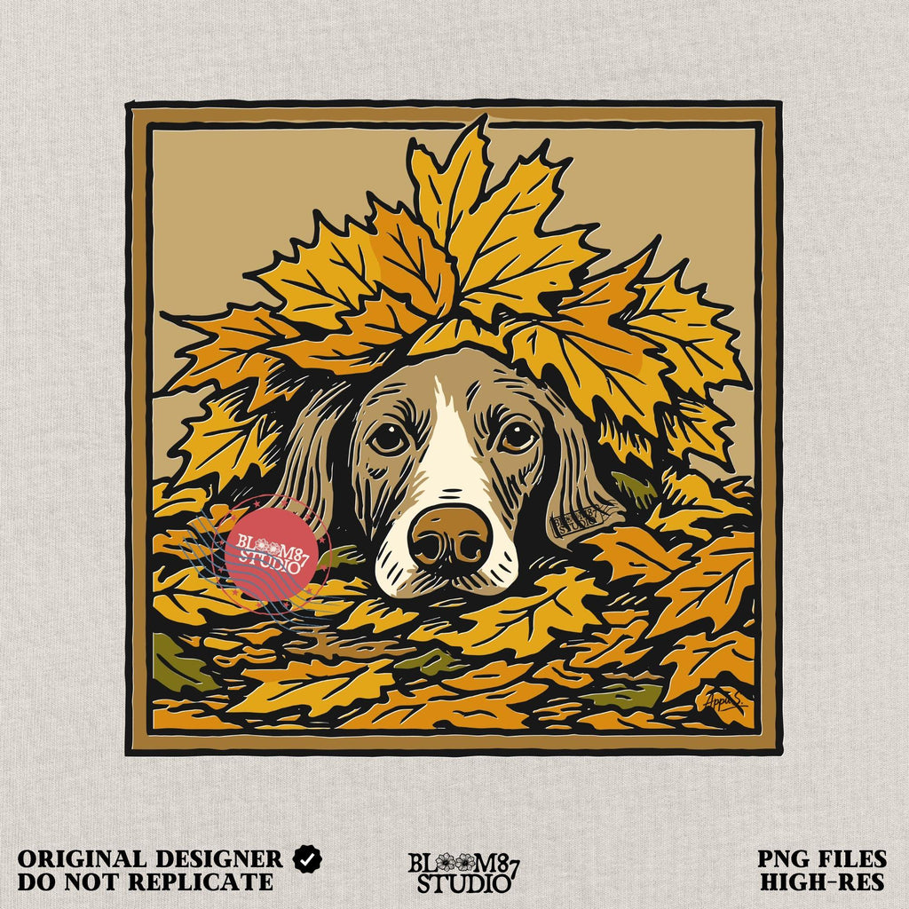 Hunting dog peeking through a pile of golden autumn leaves, rustic fall-themed illustration for seasonal sublimation design use