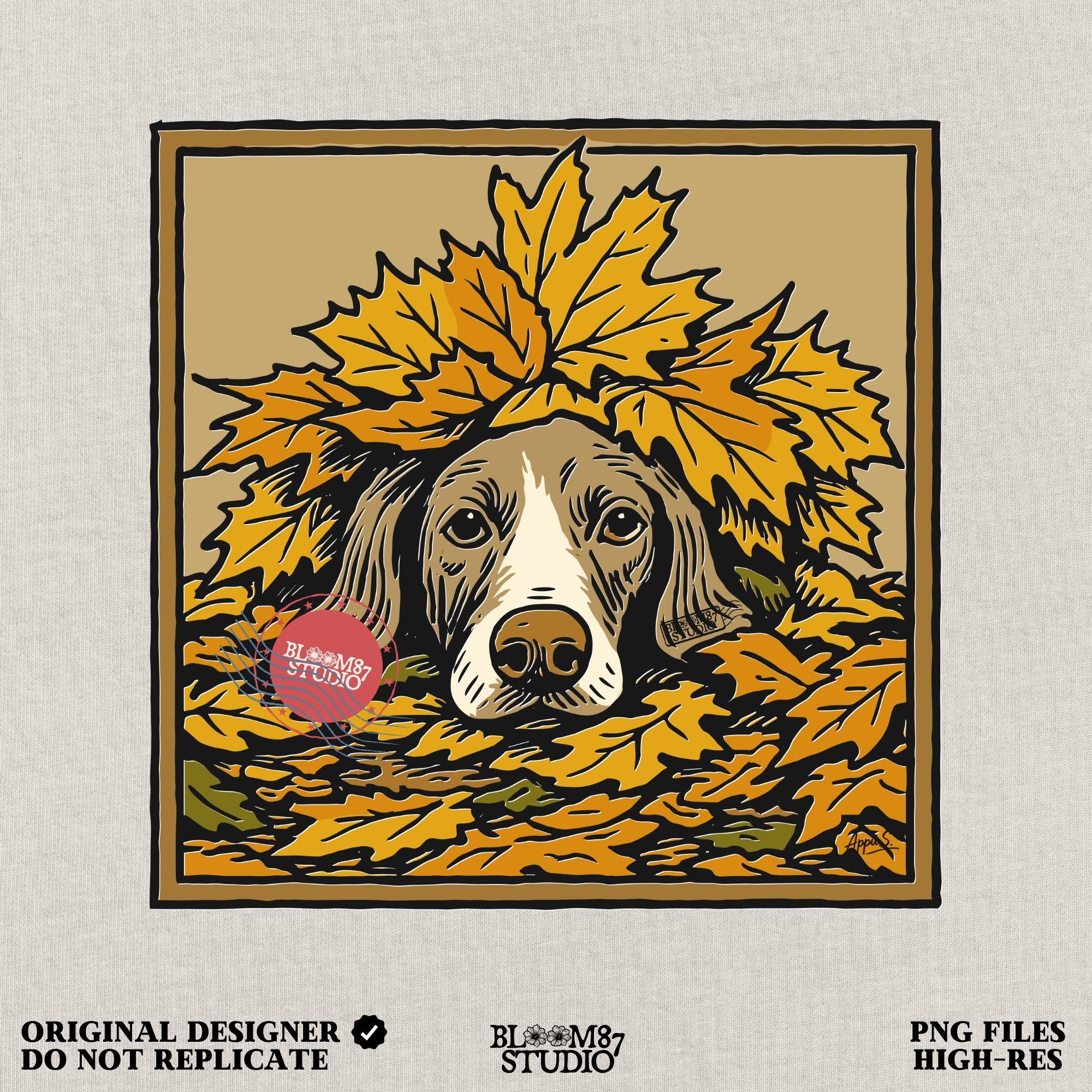 Hunting dog peeking through a pile of golden autumn leaves, rustic fall-themed illustration for seasonal sublimation design use