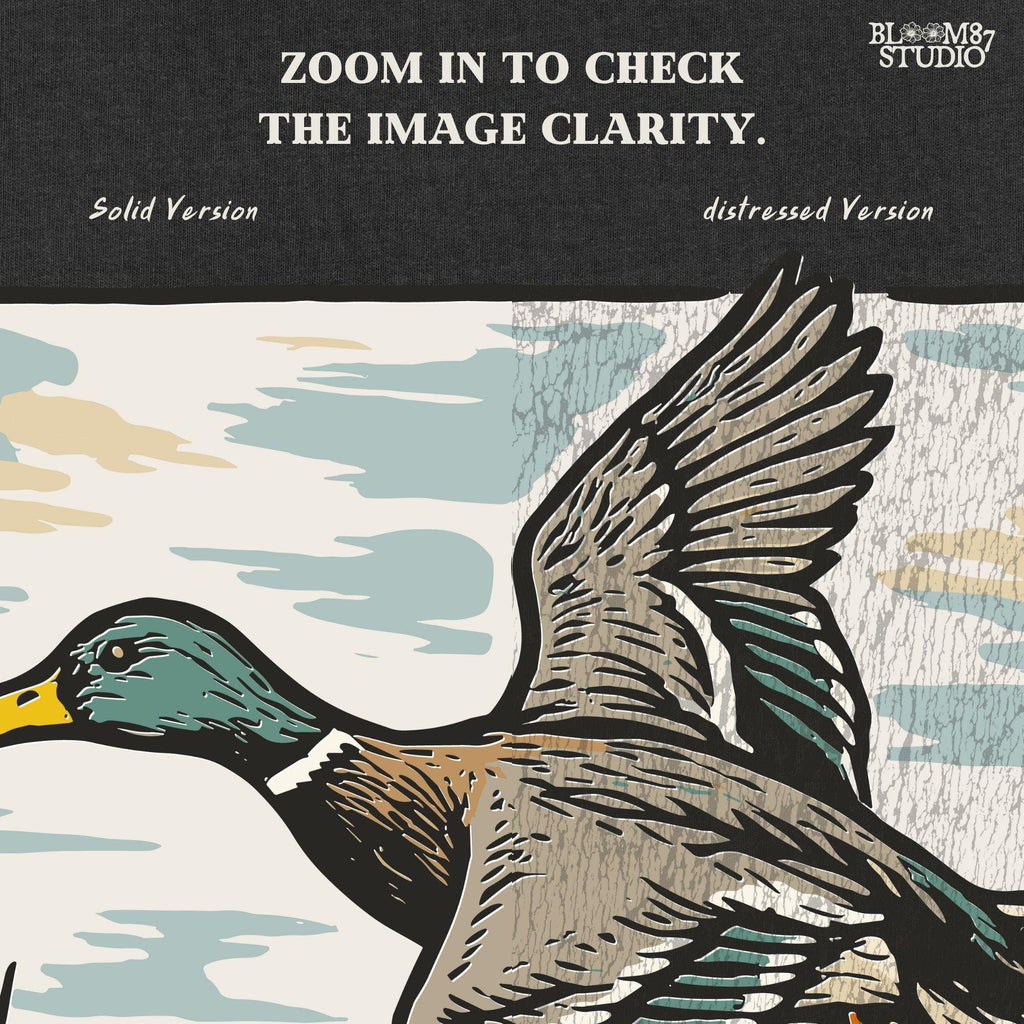 Vintage-style illustration of a flying mallard duck over a marsh with the word “Waterfowl” in script, perfect for duck hunting and outdoor-themed designs.