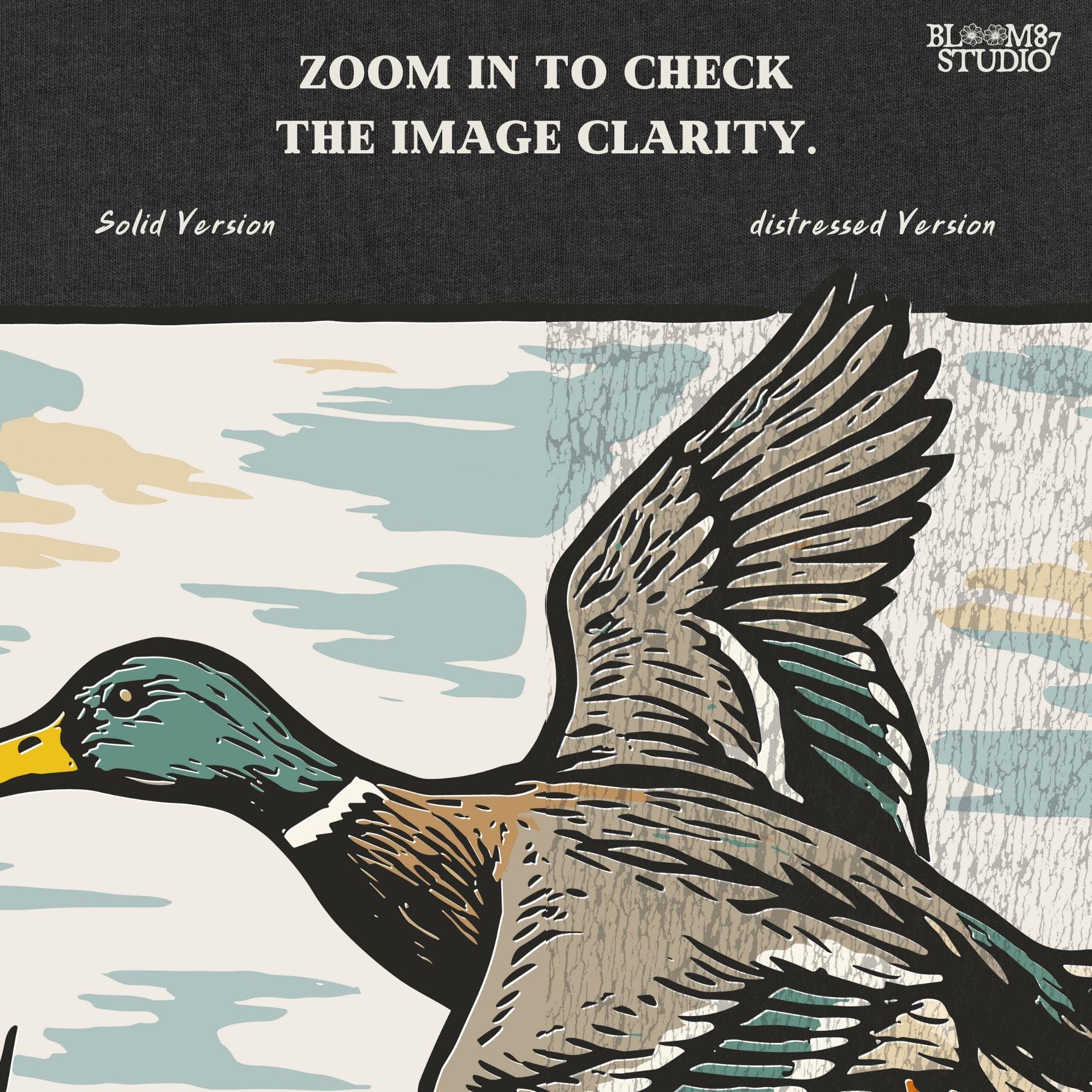 Vintage-style illustration of a flying mallard duck over a marsh with the word “Waterfowl” in script, perfect for duck hunting and outdoor-themed designs.