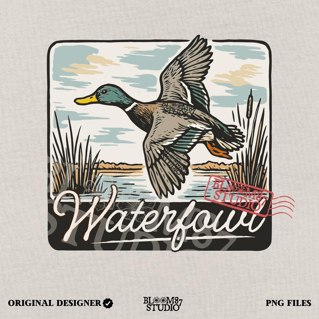 Vintage-style illustration of a flying mallard duck over a marsh with the word “Waterfowl” in script, perfect for duck hunting and outdoor-themed designs.