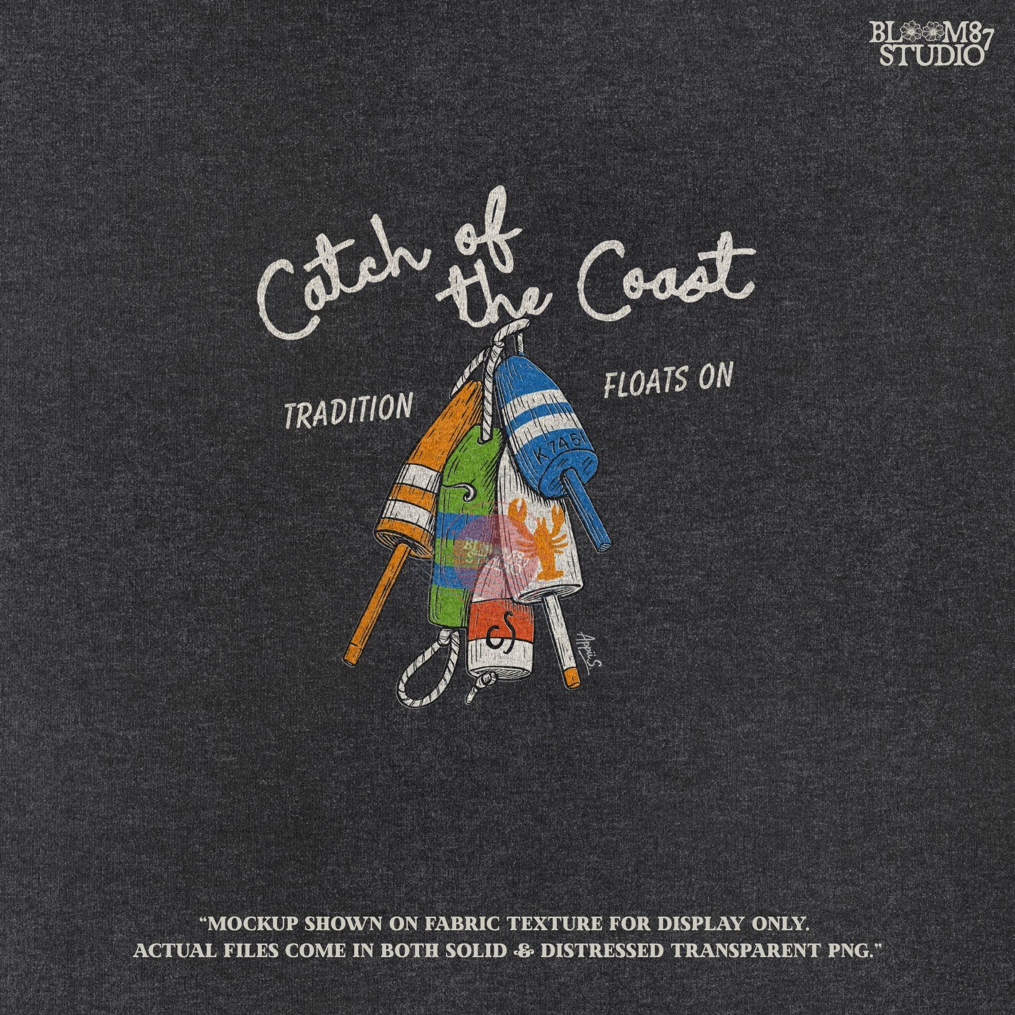 Colorful hand-drawn sublimation PNG of coastal lobster fishing buoys with rope, perfect for beach house crafts, nautical decor, or summer apparel.