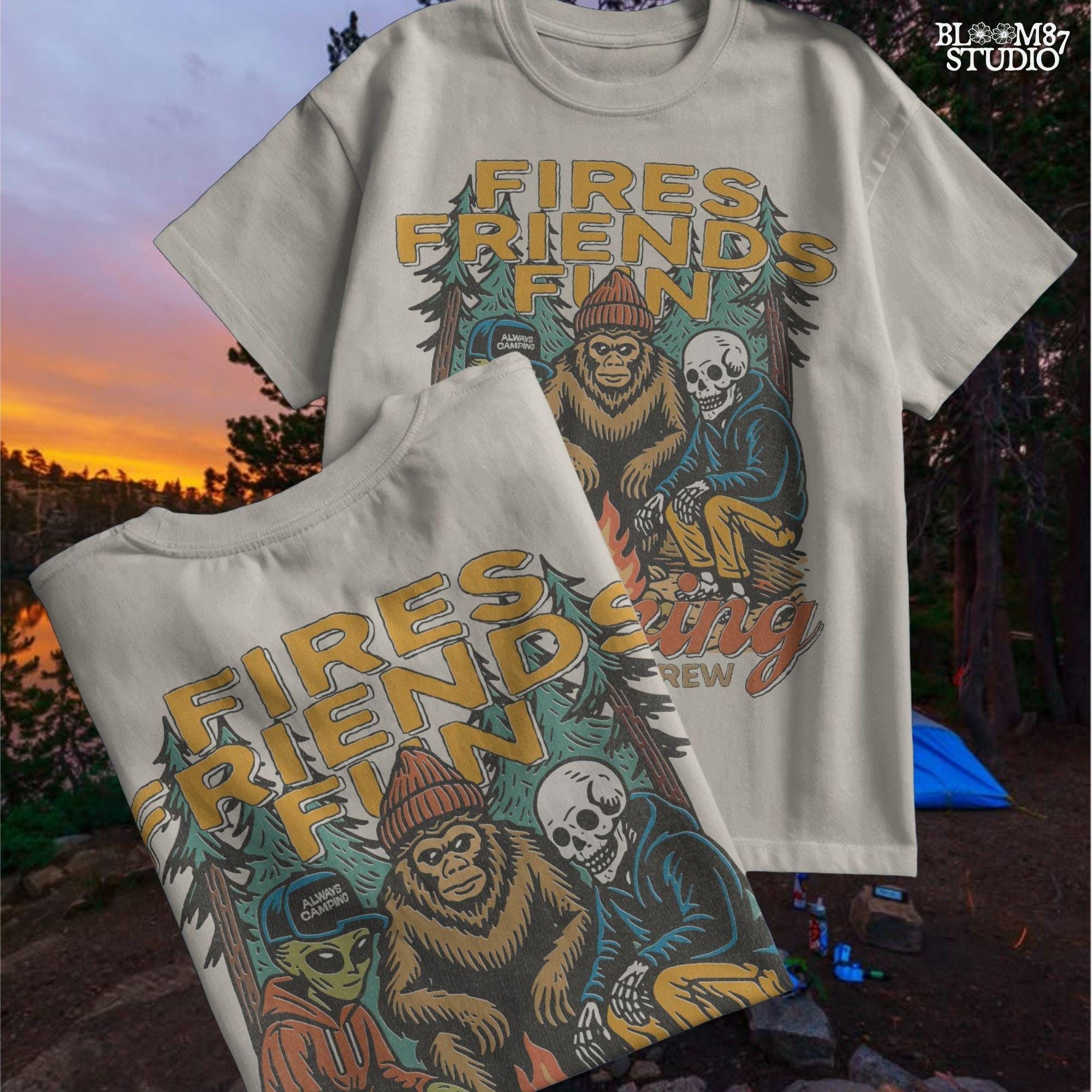 Funny cartoon-style illustration of an alien, bigfoot, and skeleton sitting around a campfire with the text “Fires. Friends. Fun. Camping Crew,” ideal for camping humor designs.